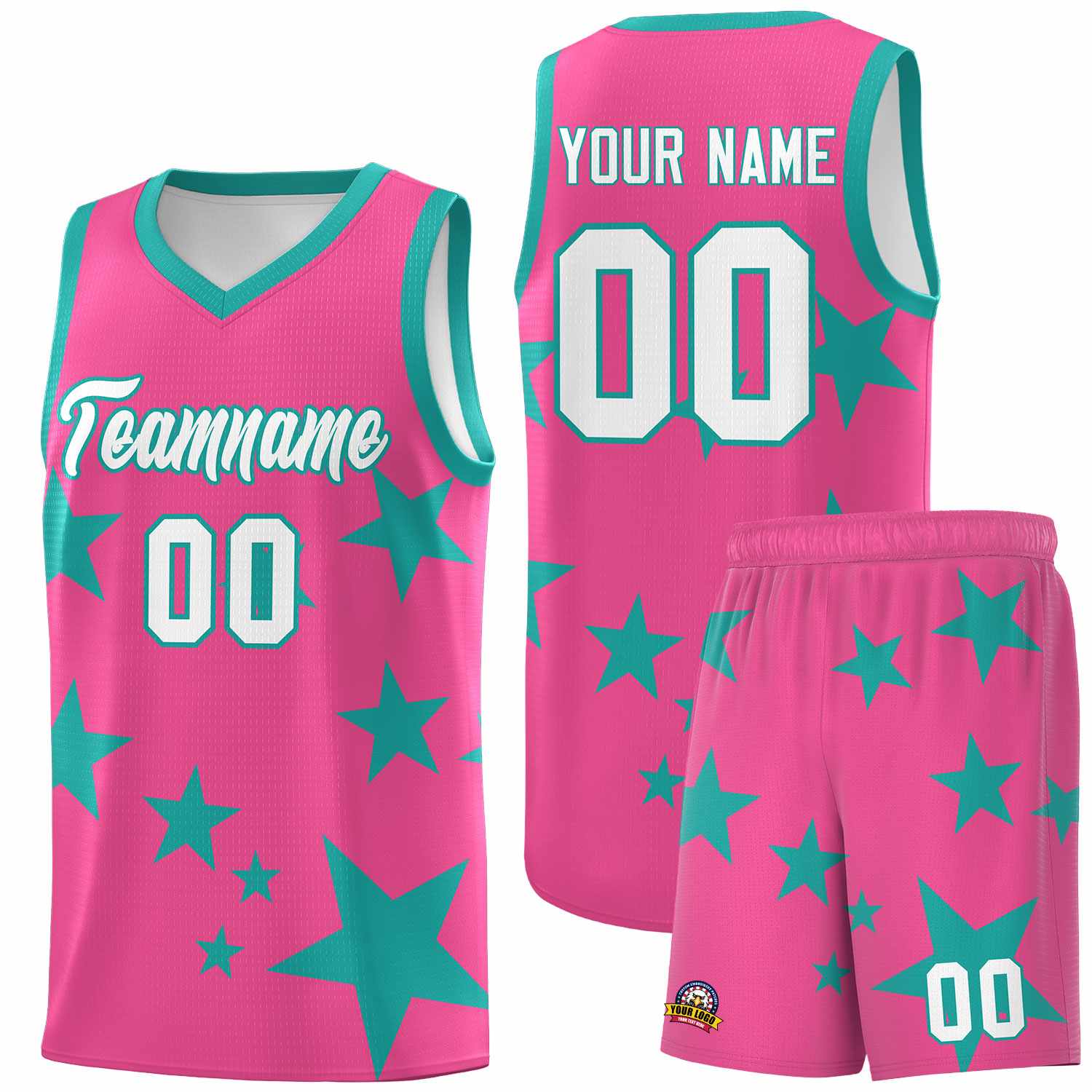 Custom Pink Aqua Graffiti Pattern Star Print Basketball Kits Sets