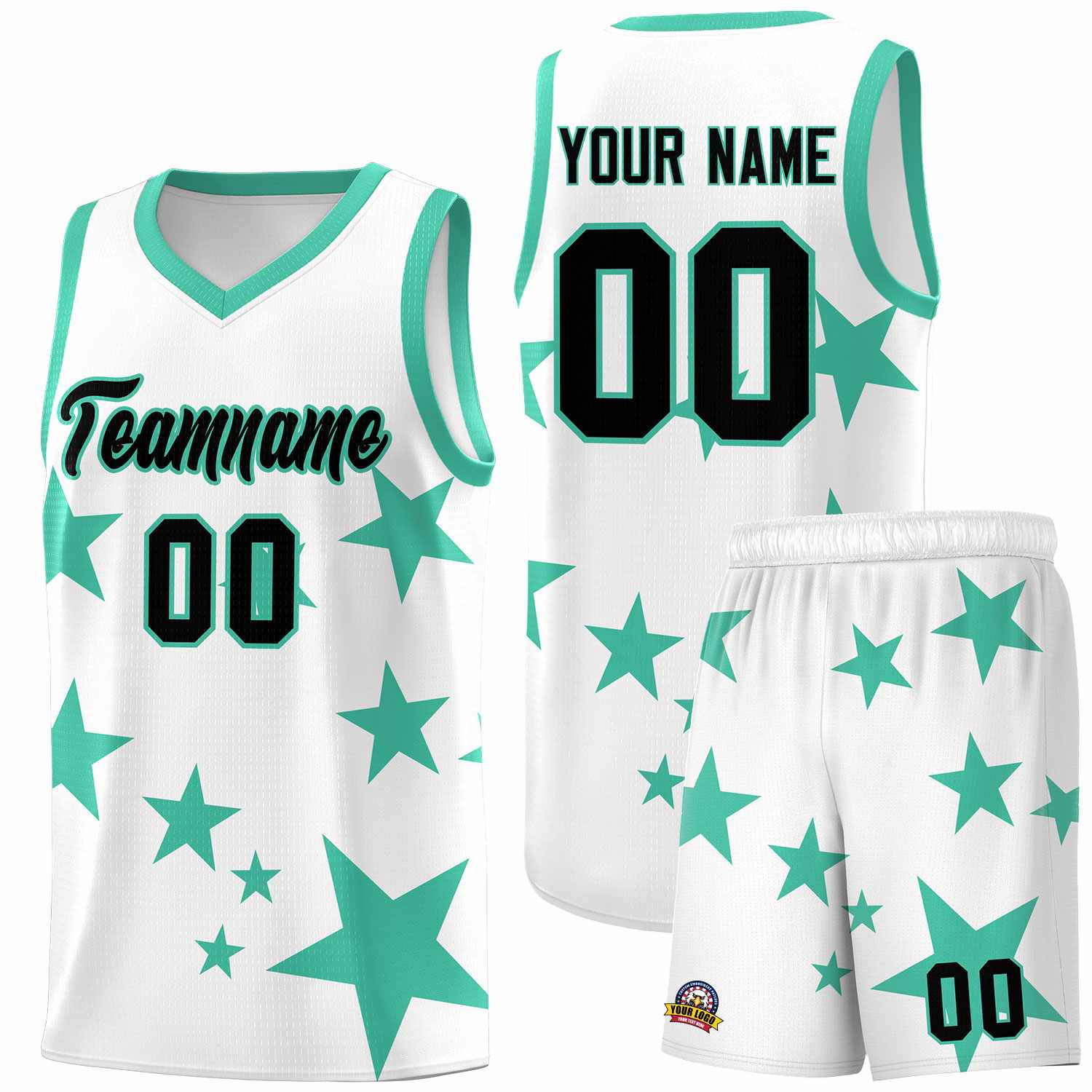 Custom White Bright Green Graffiti Pattern Star Print Basketball Kits Sets