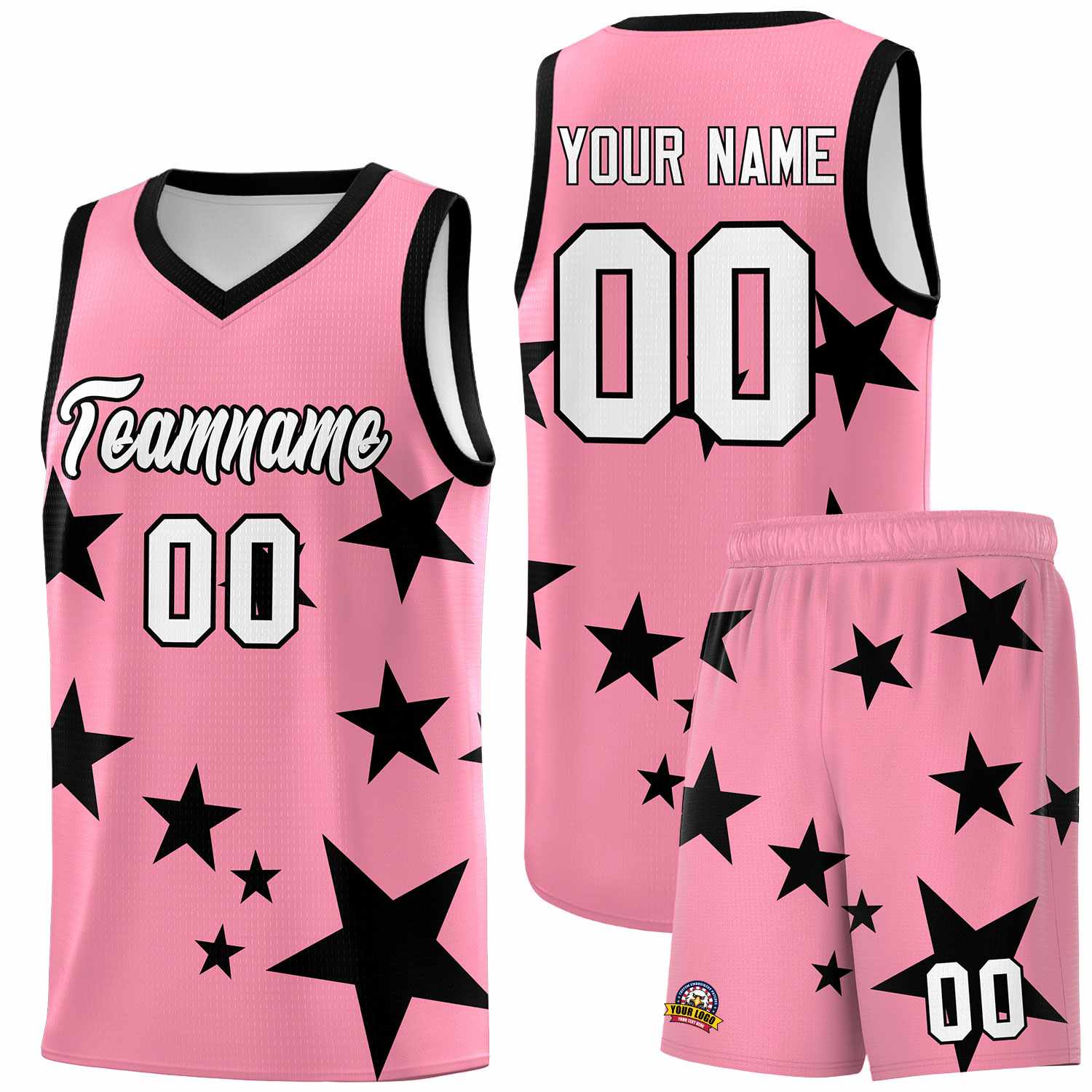 Custom Light Pink Black Graffiti Pattern Star Print Basketball Kits Sets