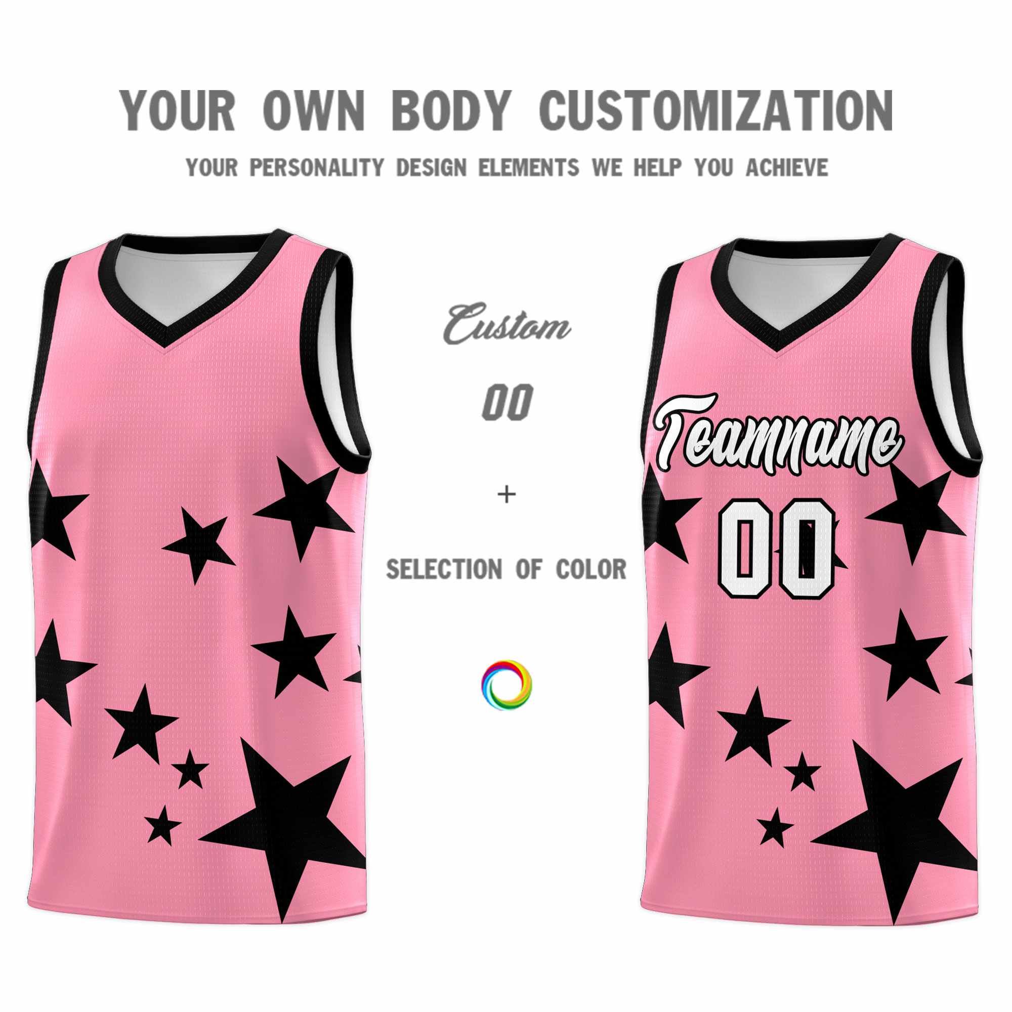 Custom Light Pink Black Graffiti Pattern Star Print Basketball Kits Sets