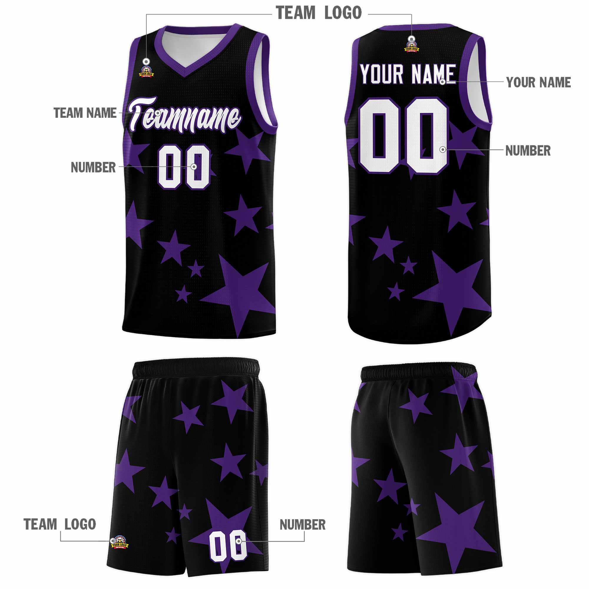 Custom Black Purple Graffiti Pattern Star Print Basketball Kits Sets