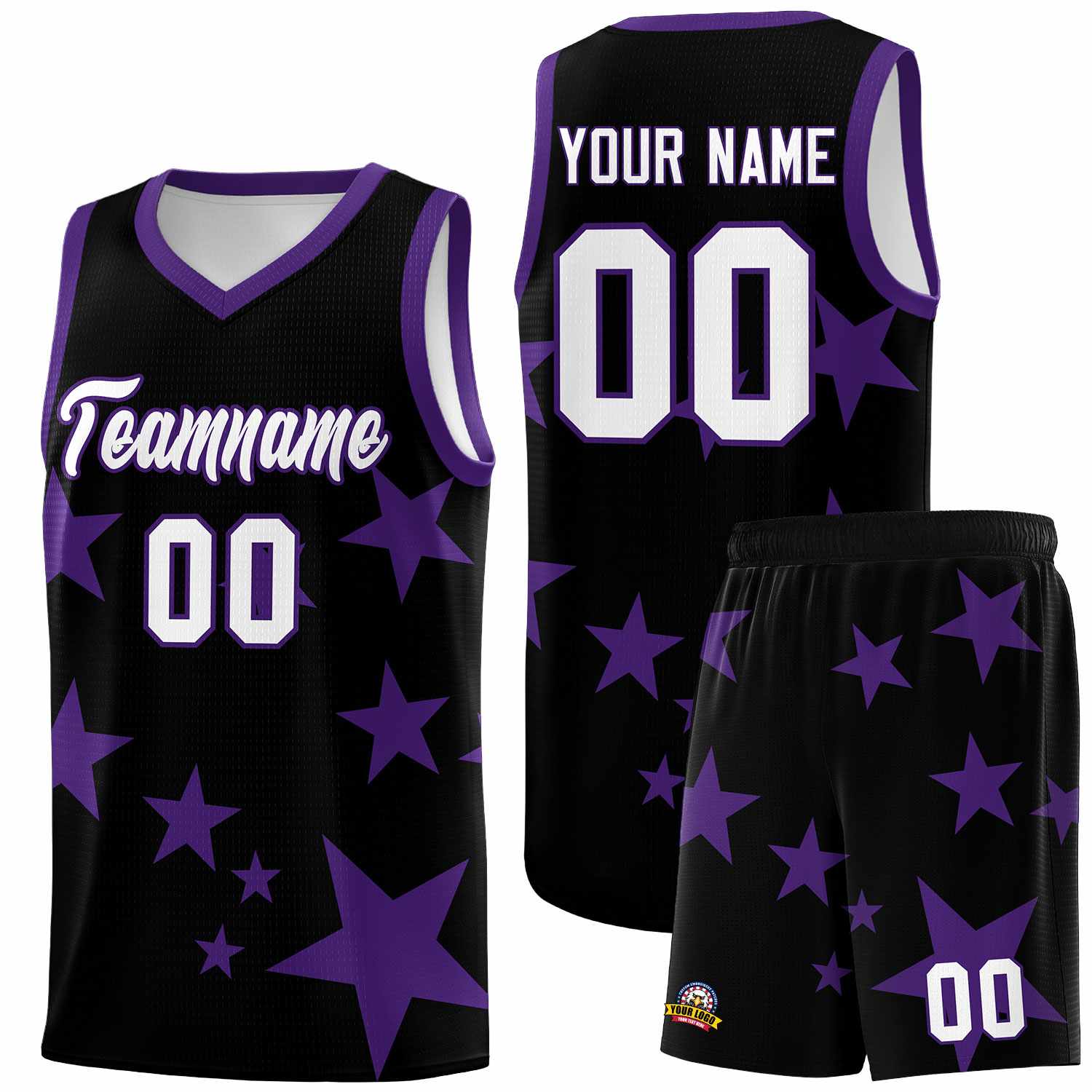 Custom Black Purple Graffiti Pattern Star Print Basketball Kits Sets