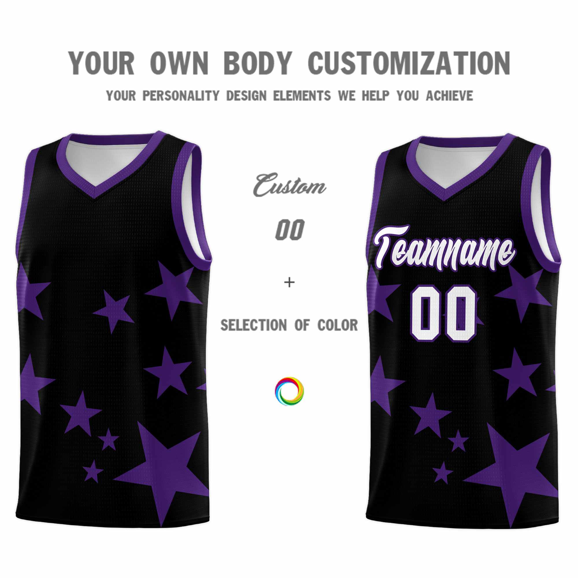 Custom Black Purple Graffiti Pattern Star Print Basketball Kits Sets