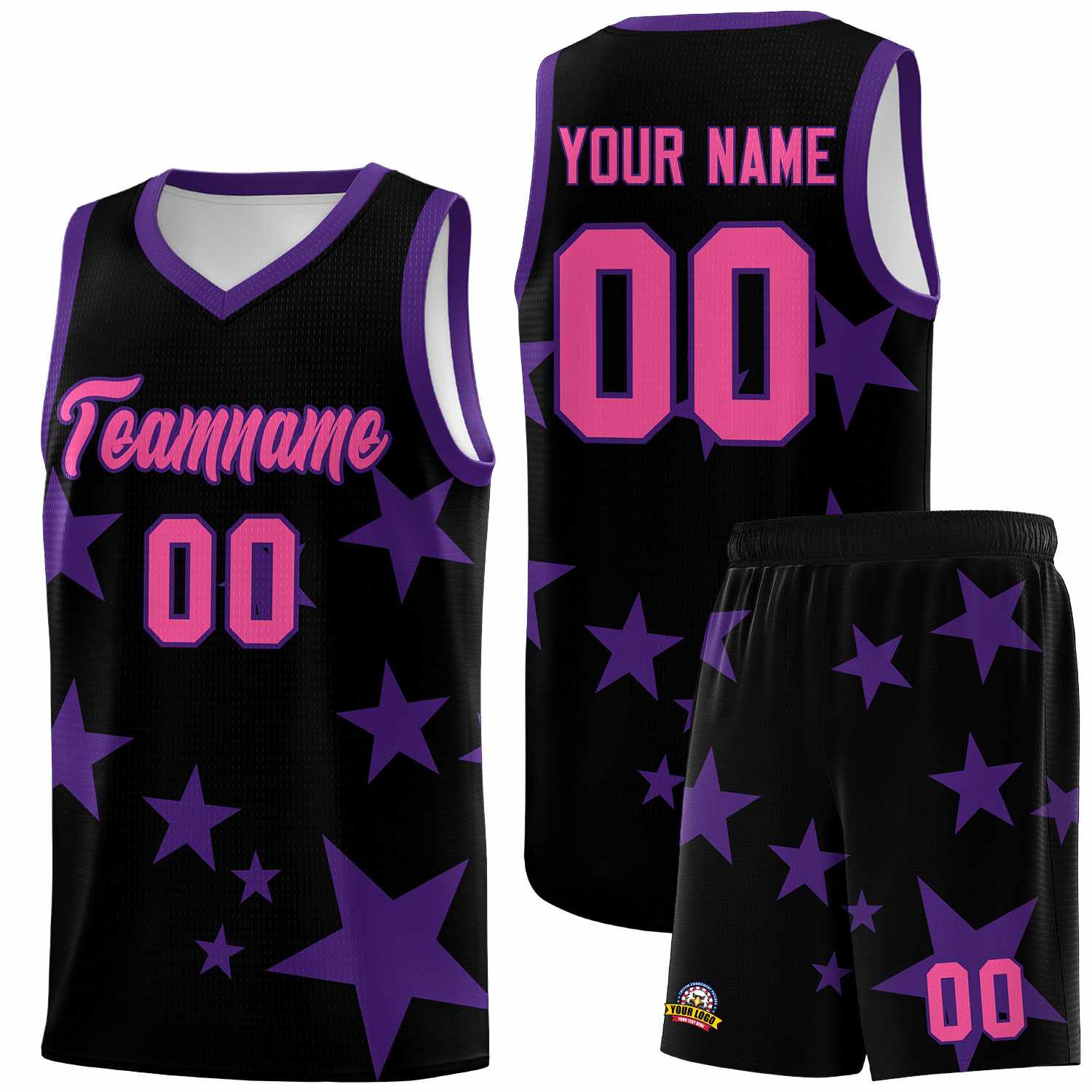 Custom Black Purple Graffiti Pattern Star Print Basketball Kits Sets