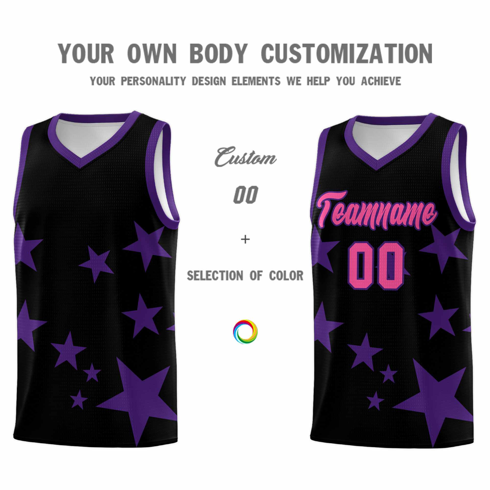 Custom Black Purple Graffiti Pattern Star Print Basketball Kits Sets