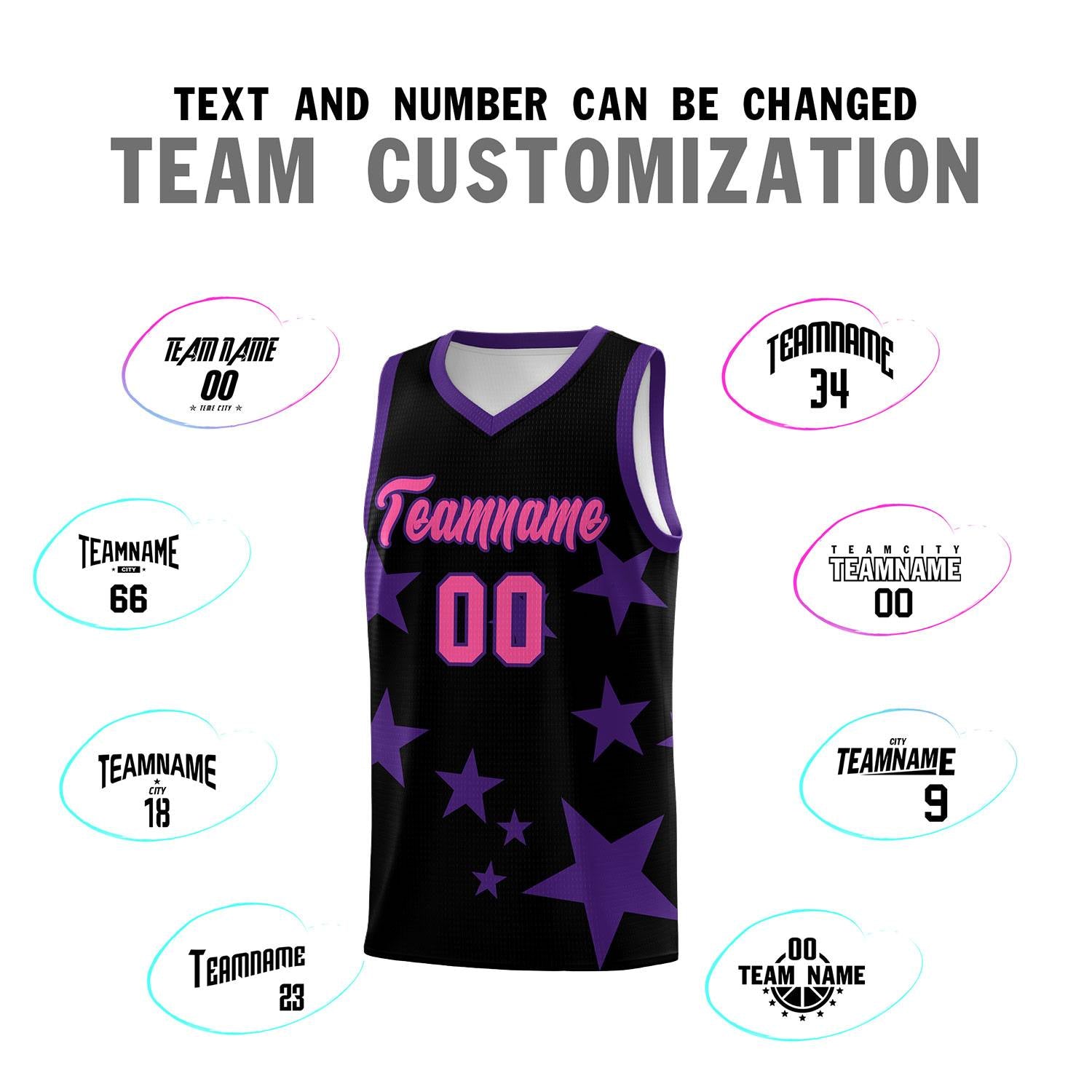 Custom Black Purple Graffiti Pattern Star Print Basketball Kits Sets