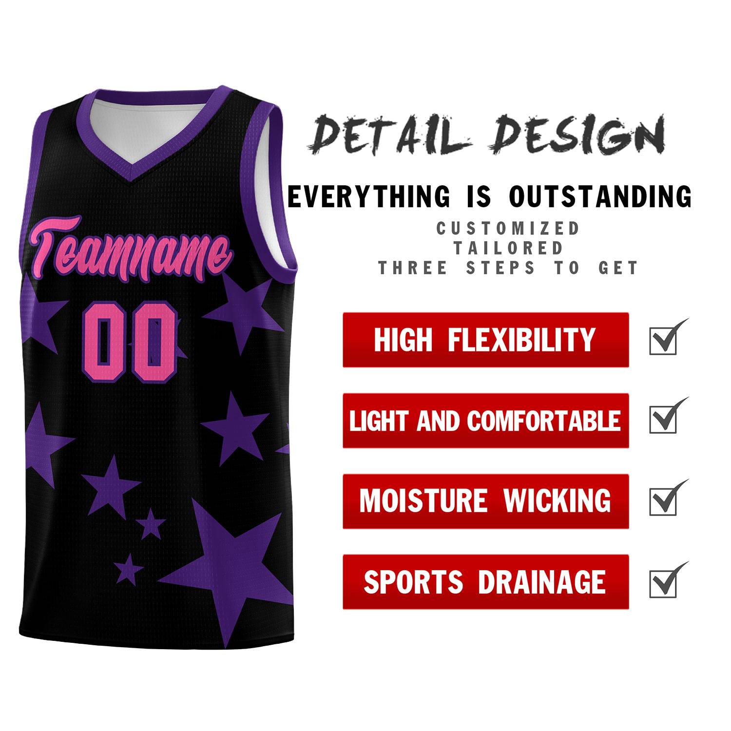 Custom Black Purple Graffiti Pattern Star Print Basketball Kits Sets