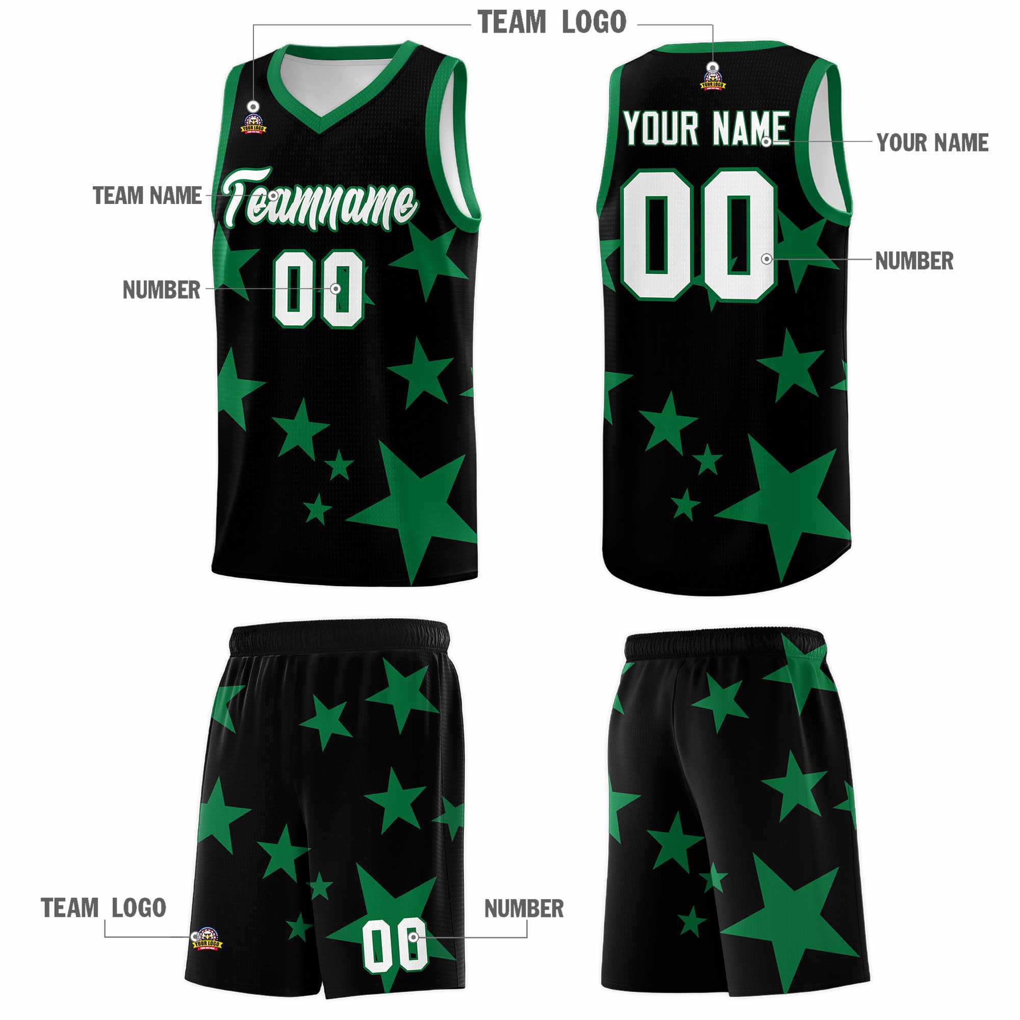 Custom Black Kelly Green Graffiti Pattern Star Print Basketball Kits Sets