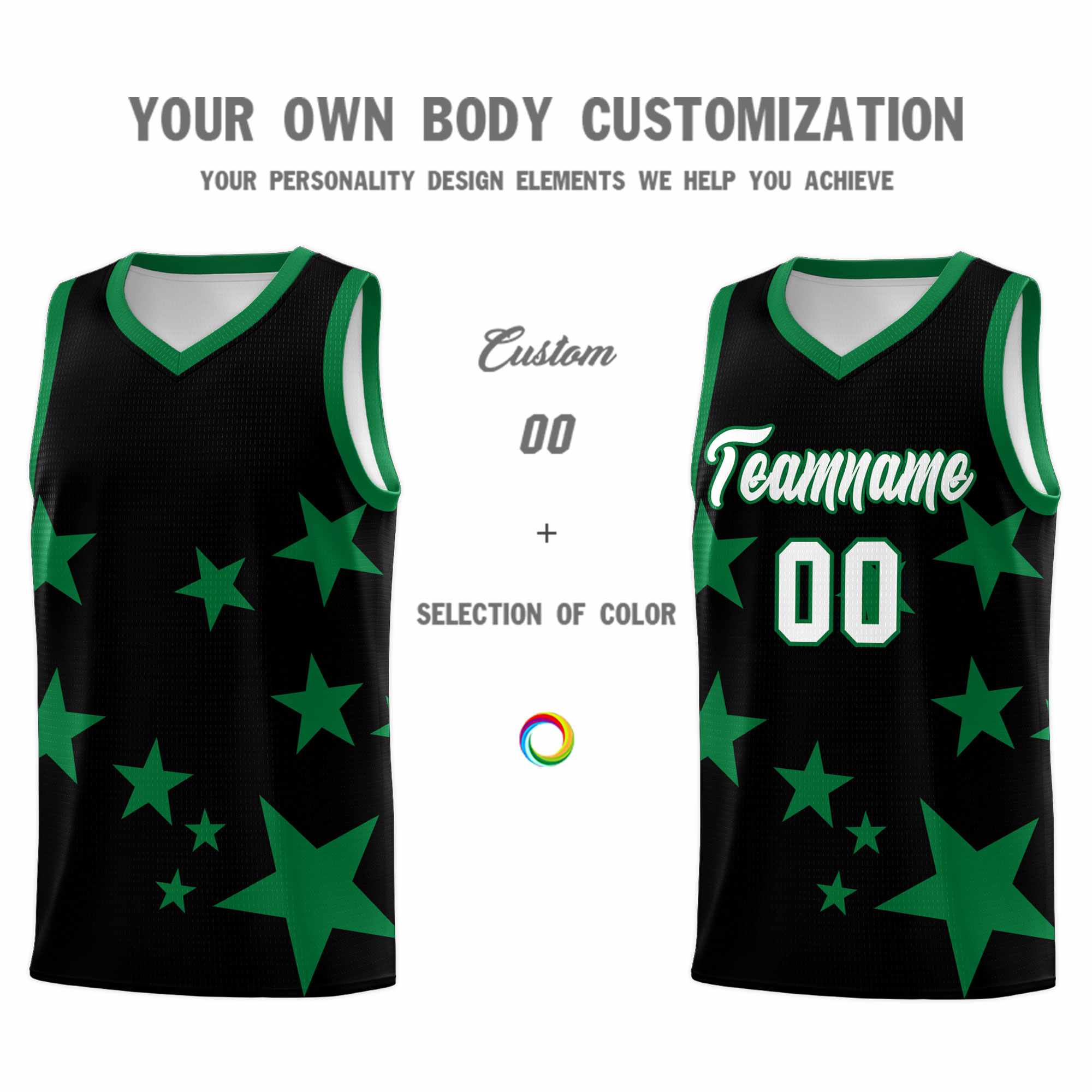 Custom Black Kelly Green Graffiti Pattern Star Print Basketball Kits Sets