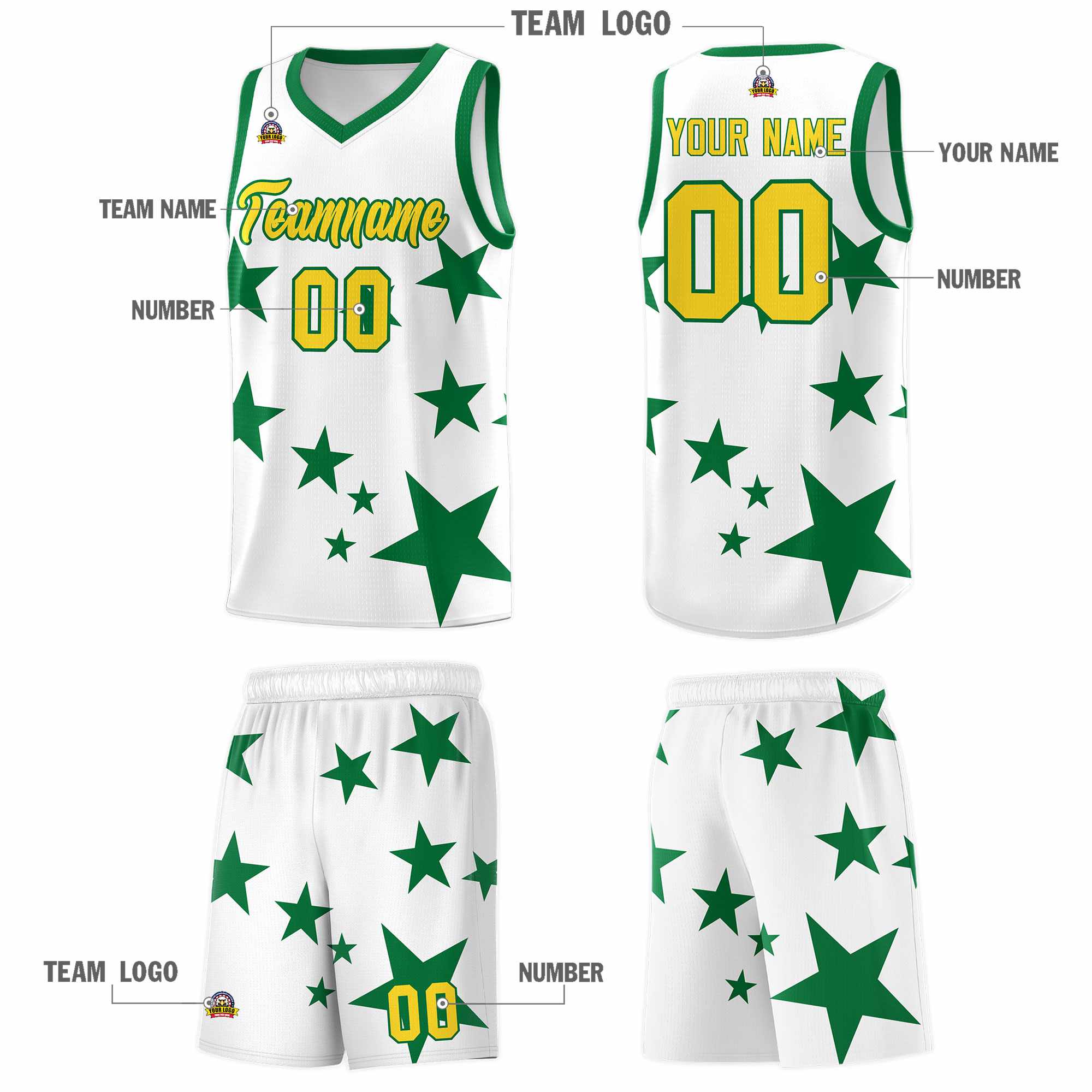 Custom White Kelly Green Graffiti Pattern Star Print Basketball Kits Sets
