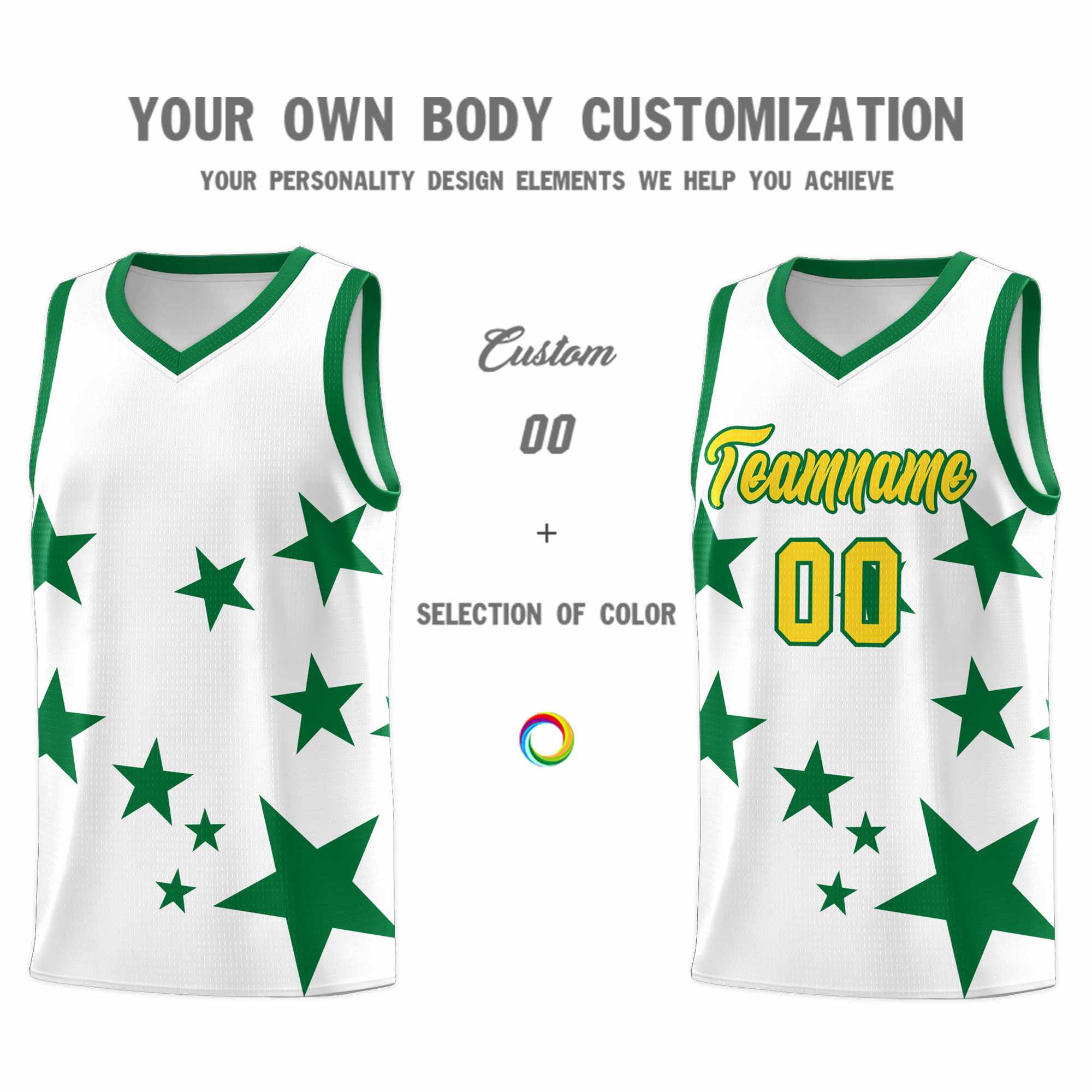 Custom White Kelly Green Graffiti Pattern Star Print Basketball Kits Sets