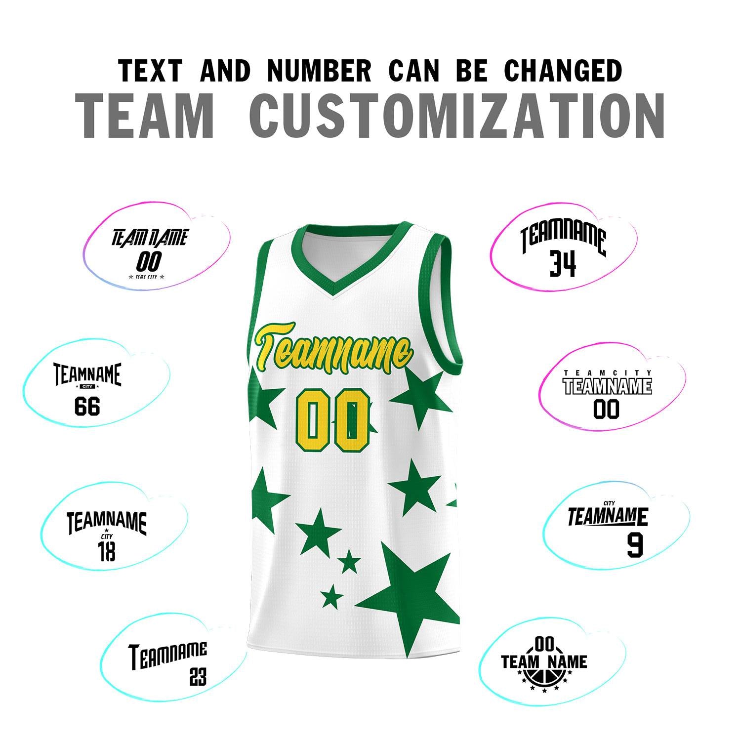Custom White Kelly Green Graffiti Pattern Star Print Basketball Kits Sets