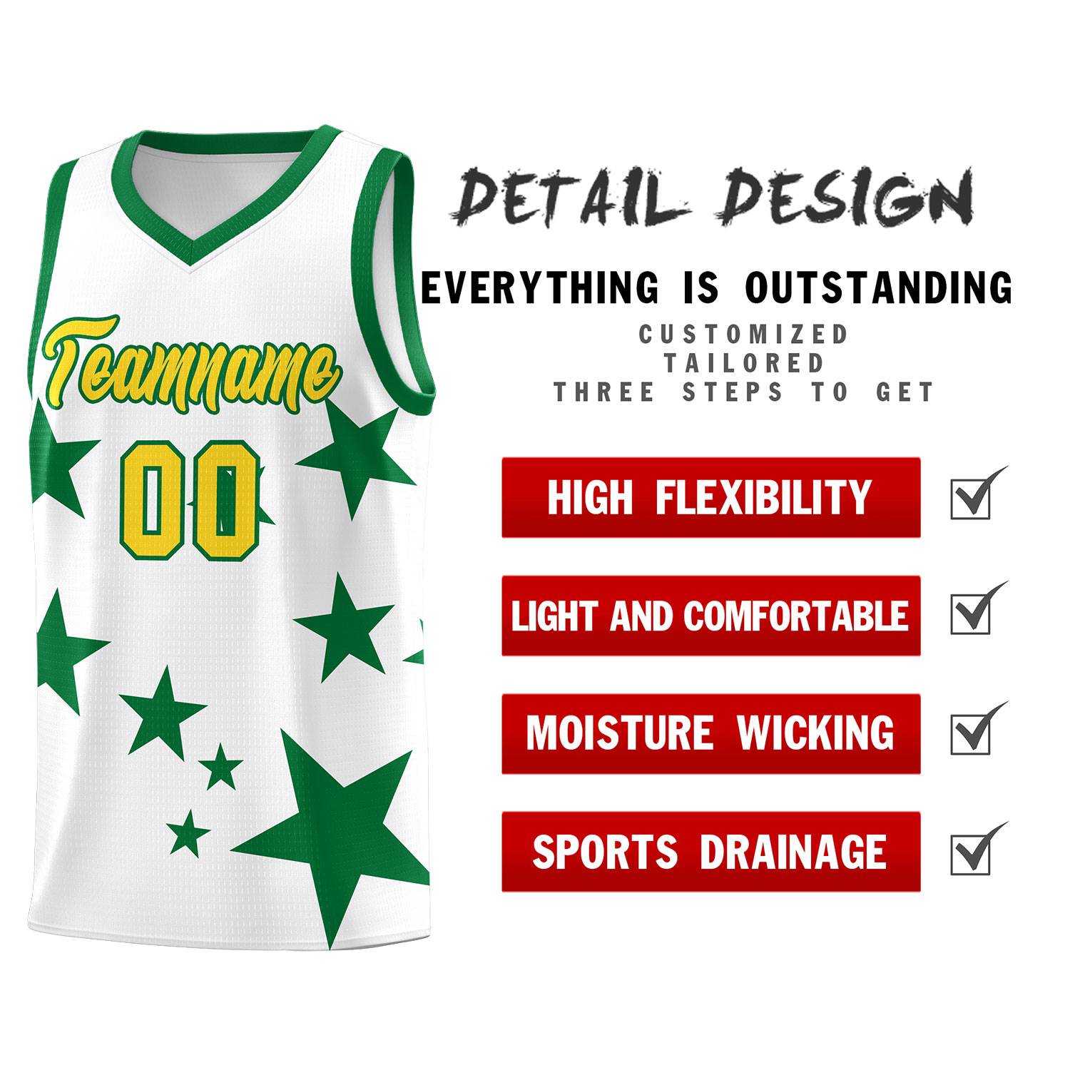 Custom White Kelly Green Graffiti Pattern Star Print Basketball Kits Sets