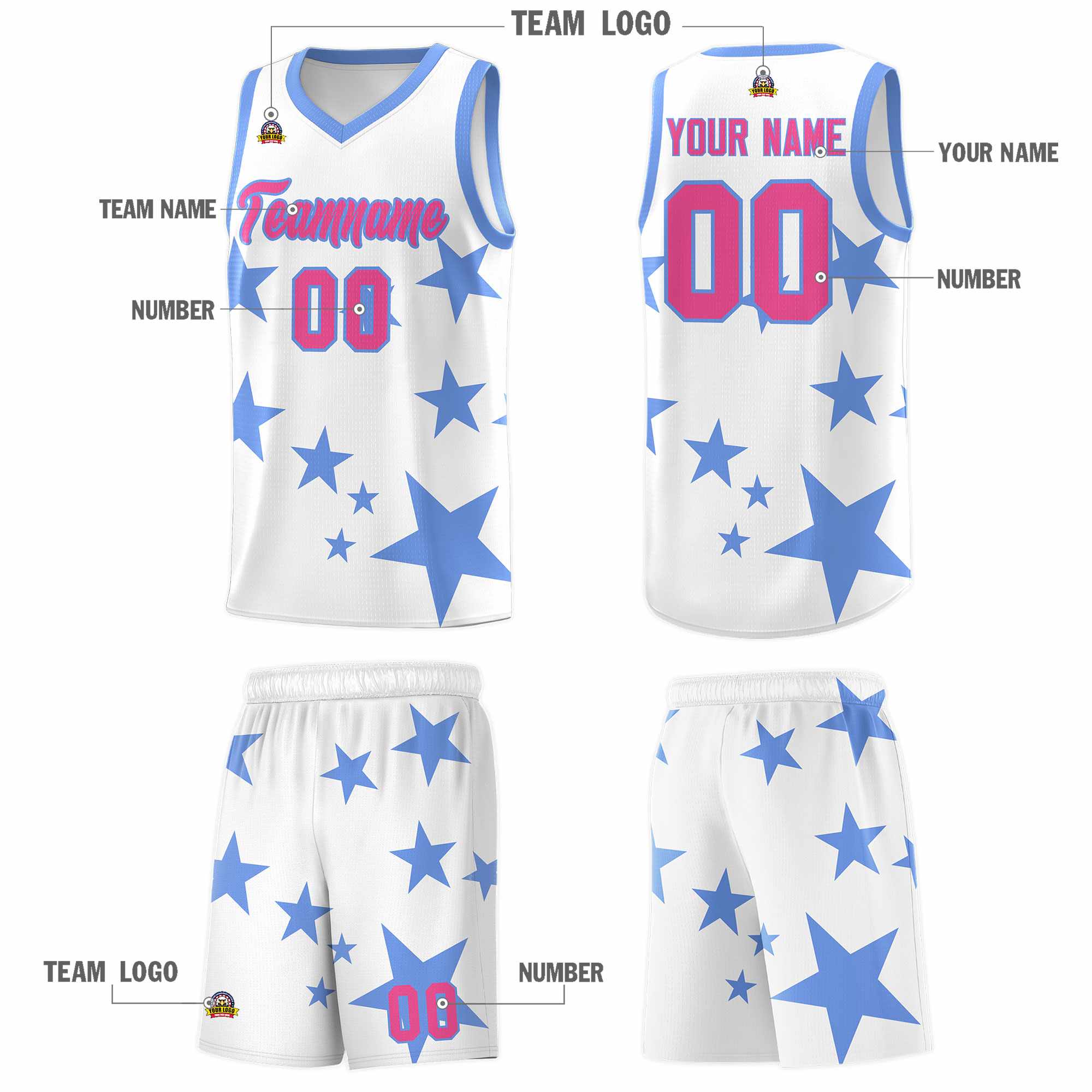 Custom White Light Blue Graffiti Pattern Star Print Basketball Kits Sets