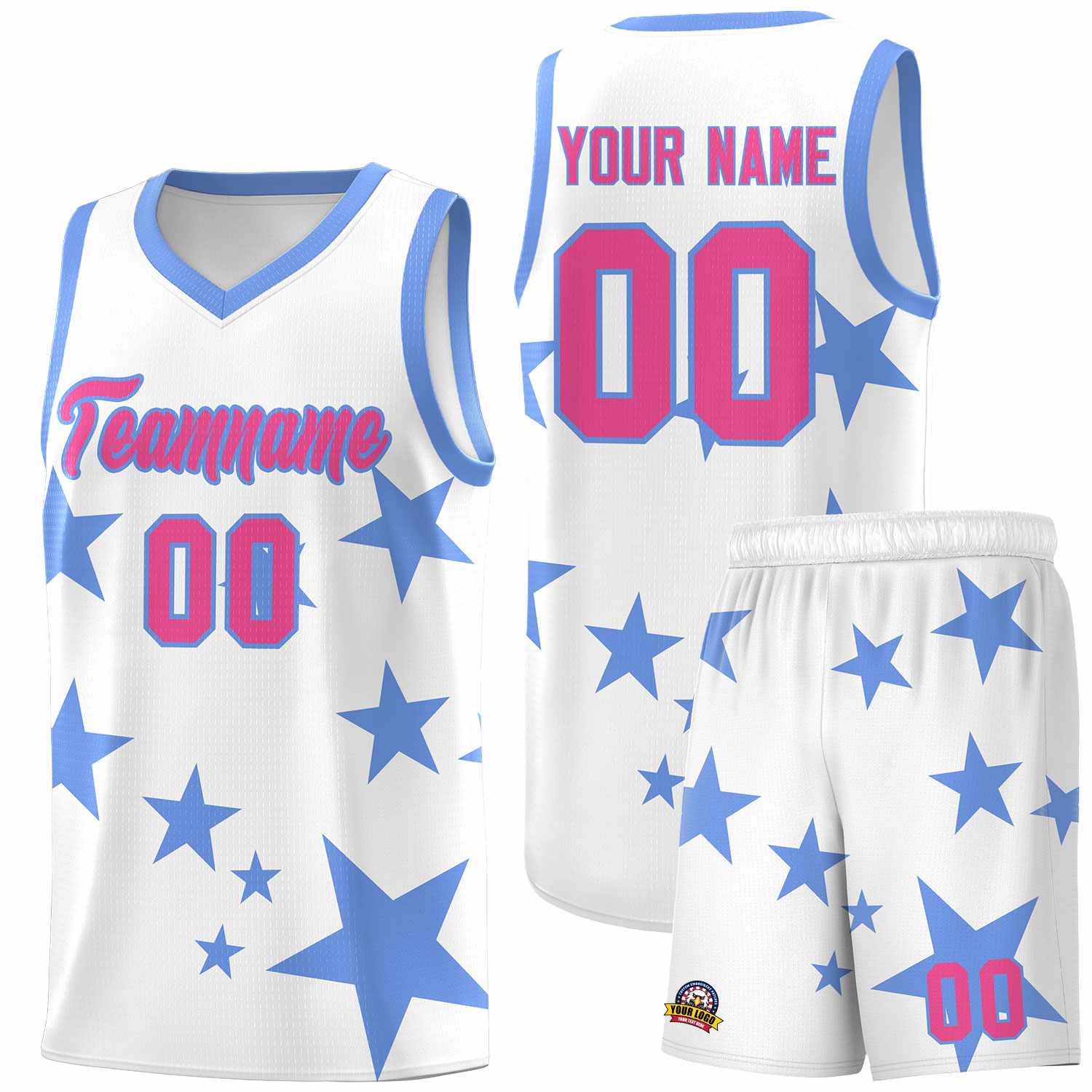 Custom White Light Blue Graffiti Pattern Star Print Basketball Kits Sets
