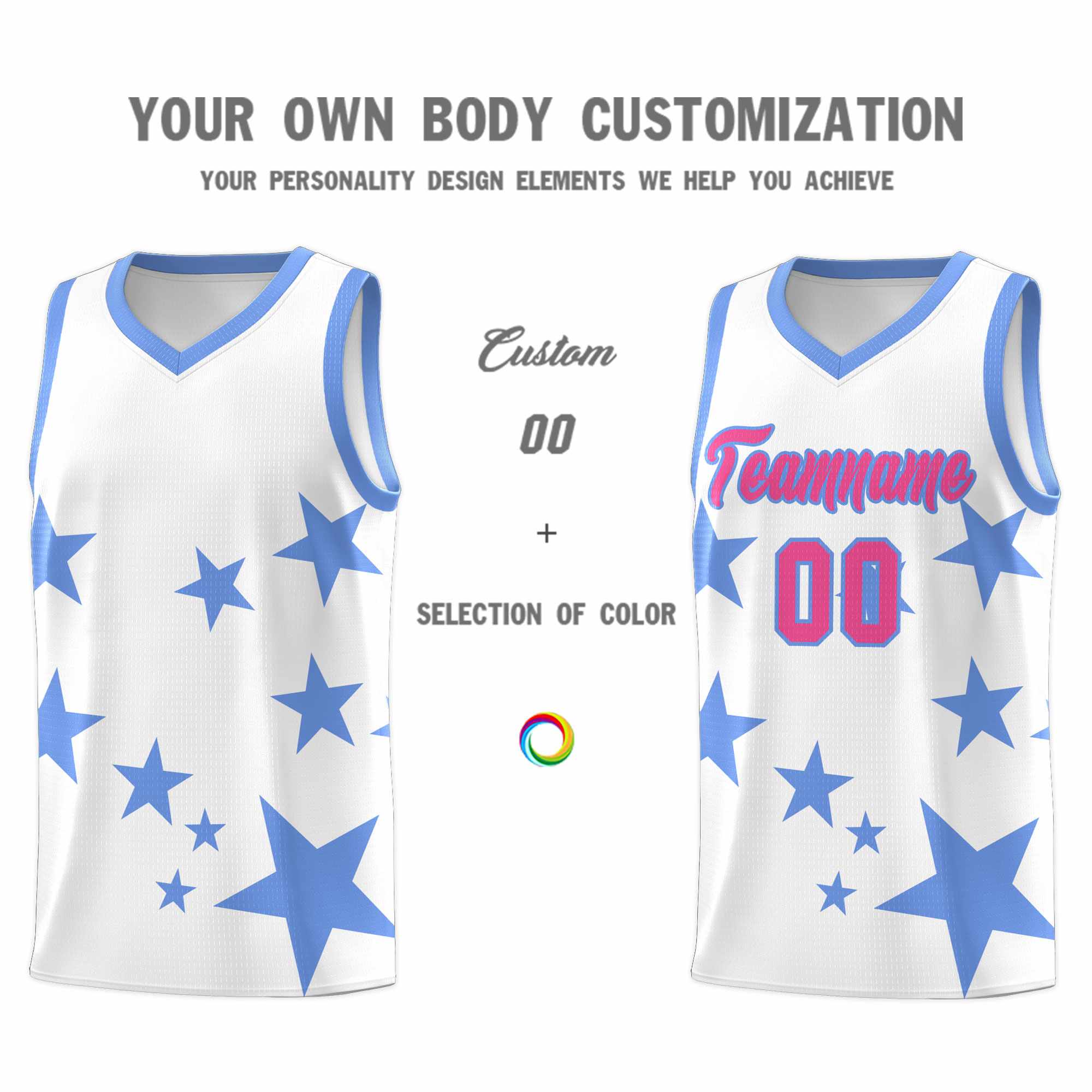 Custom White Light Blue Graffiti Pattern Star Print Basketball Kits Sets