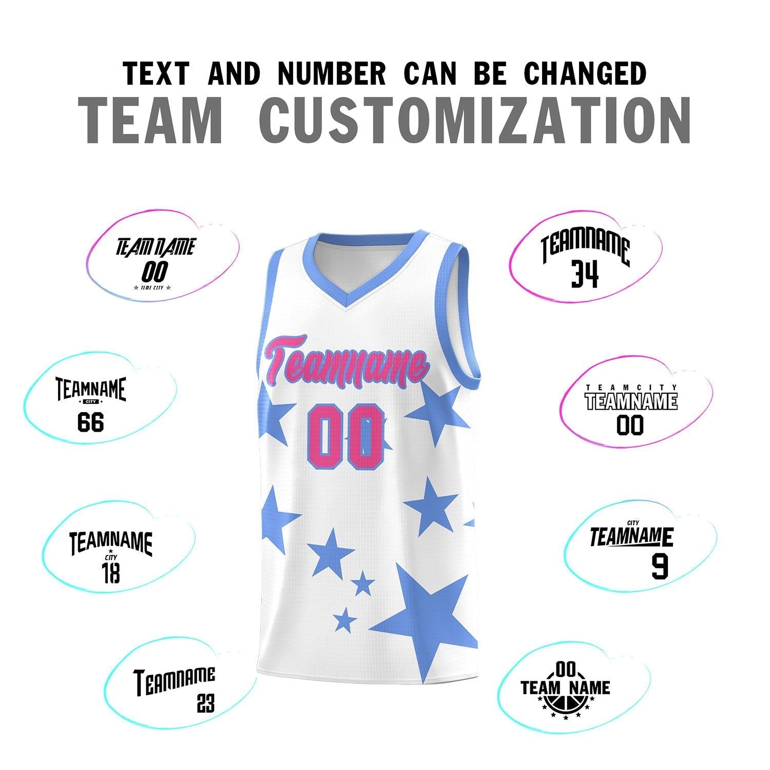 Custom White Light Blue Graffiti Pattern Star Print Basketball Kits Sets