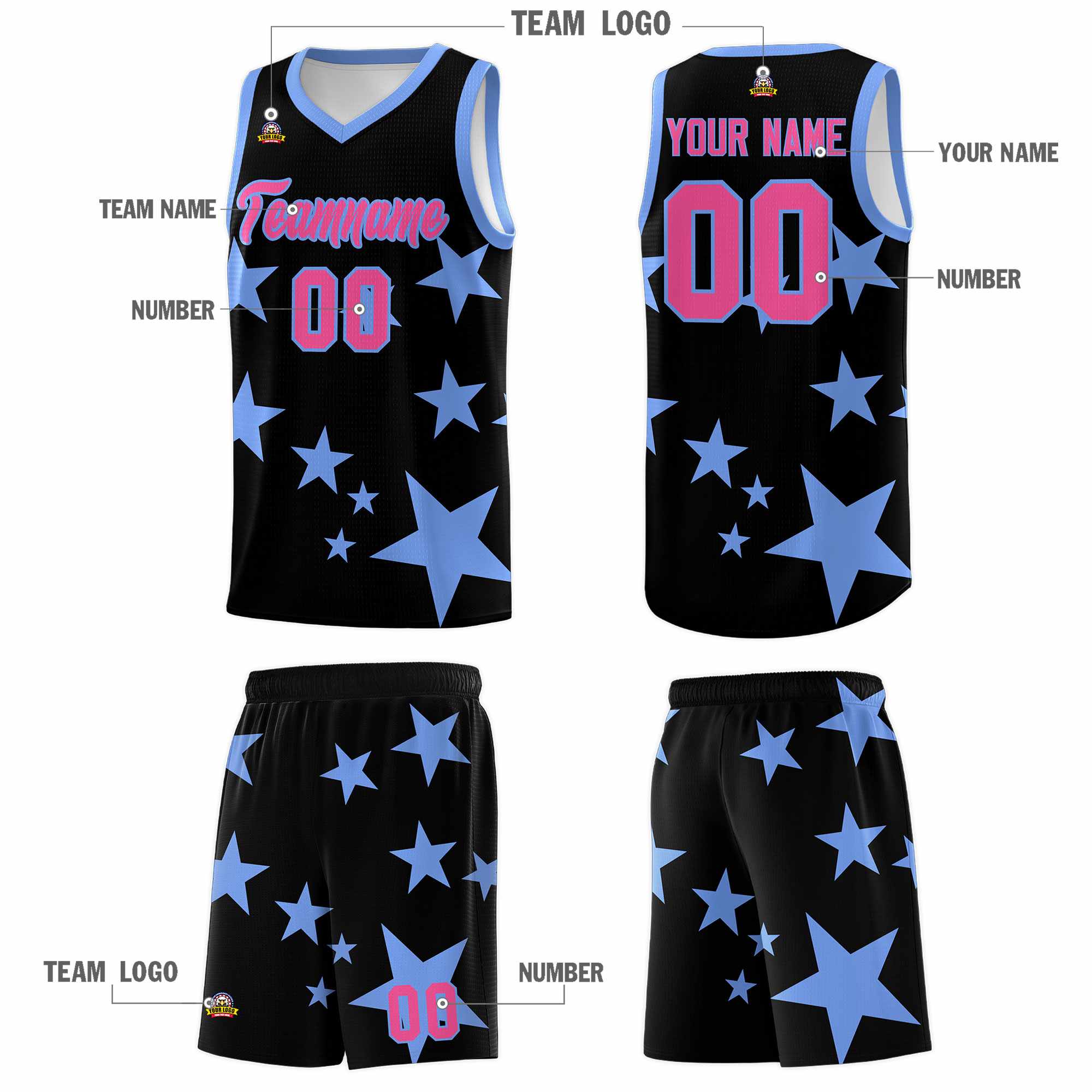 Custom Black Light Blue Graffiti Pattern Star Print Basketball Kits Sets
