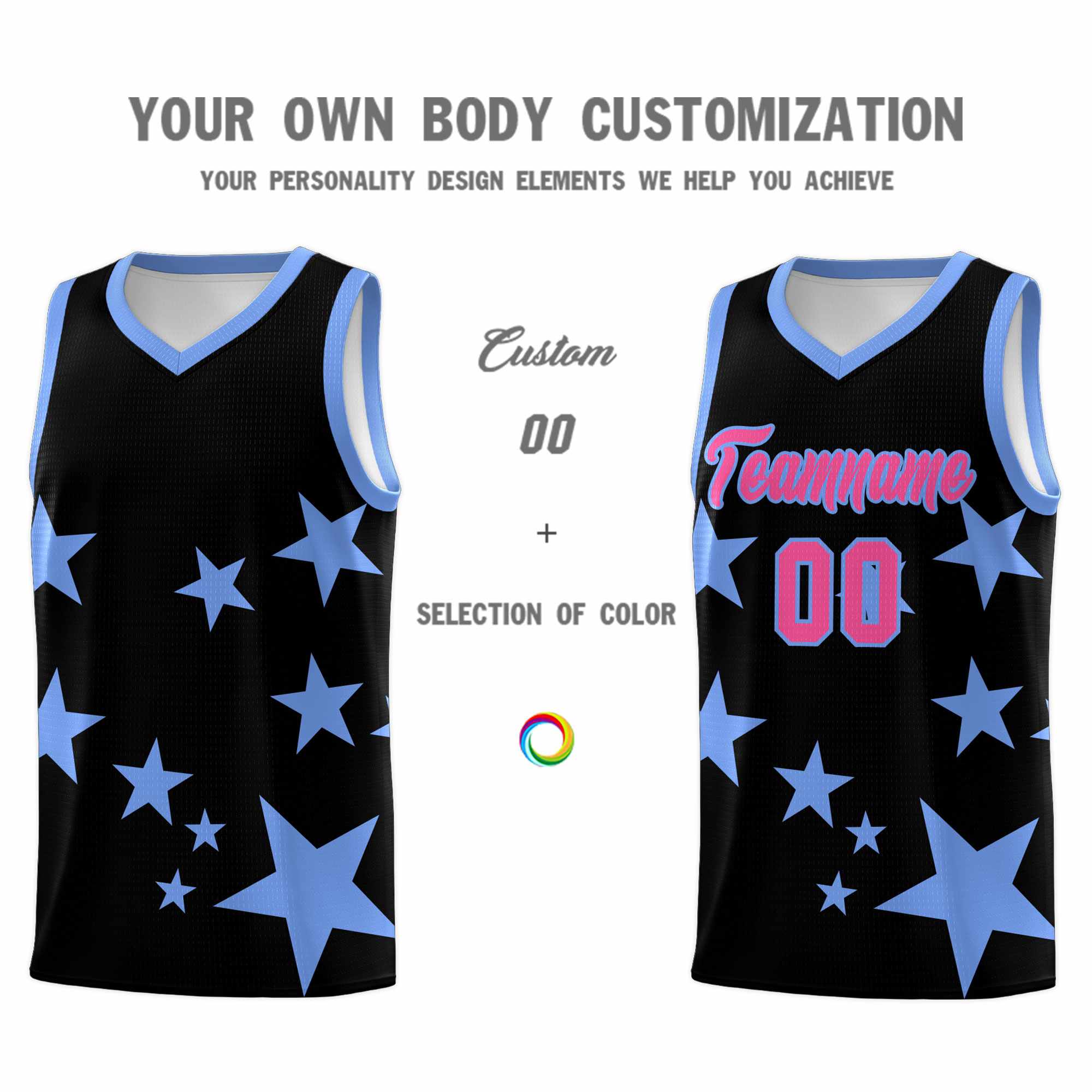 Custom Black Light Blue Graffiti Pattern Star Print Basketball Kits Sets