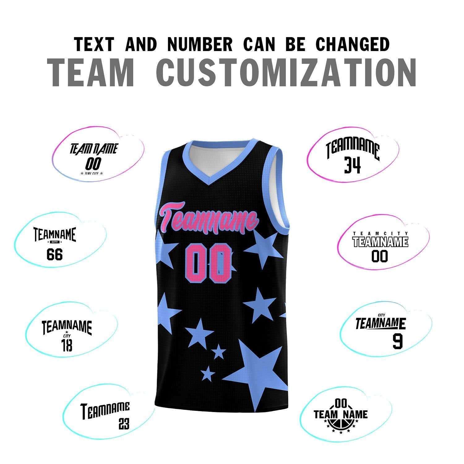 Custom Black Light Blue Graffiti Pattern Star Print Basketball Kits Sets