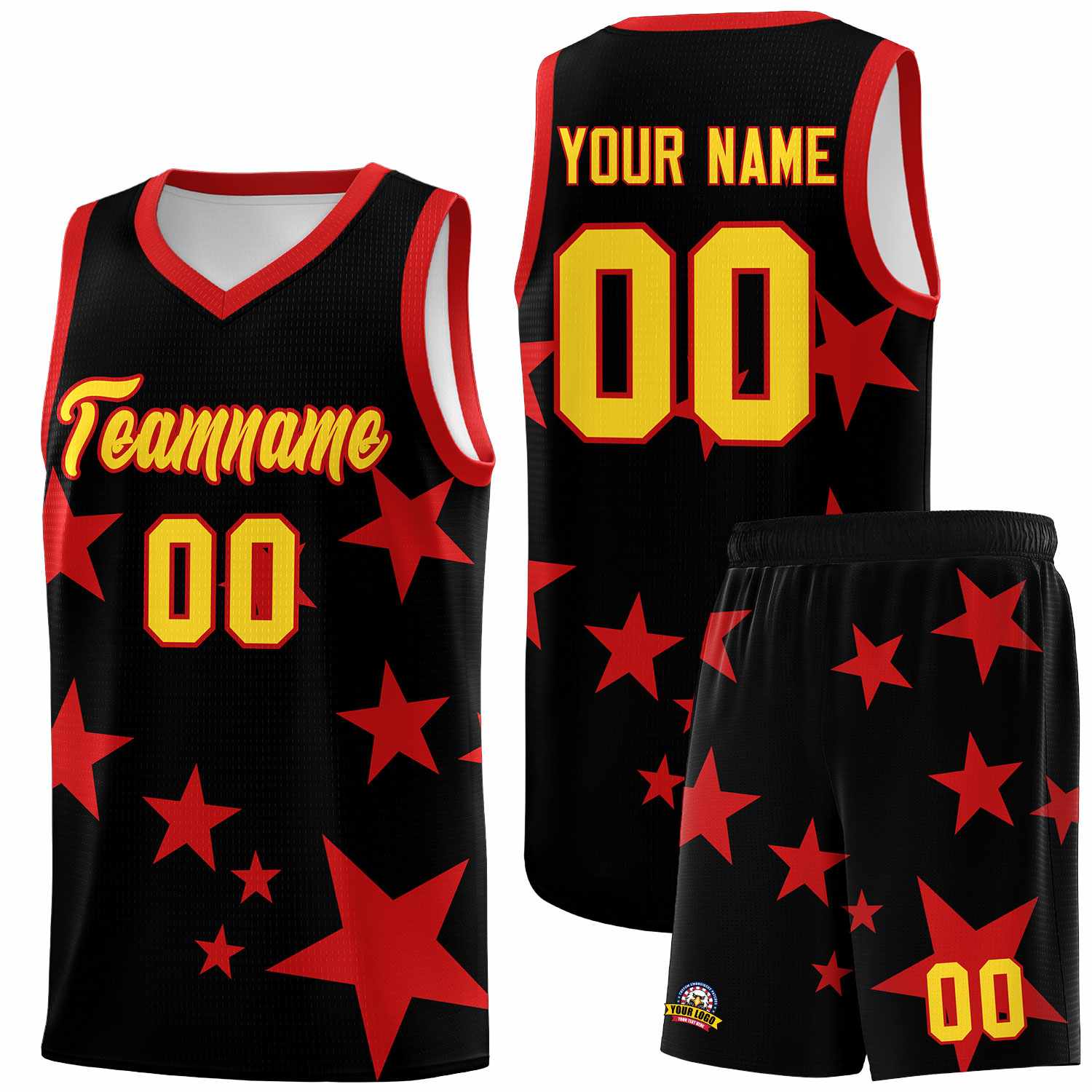 Custom Black Red Graffiti Pattern Star Print Basketball Kits Sets