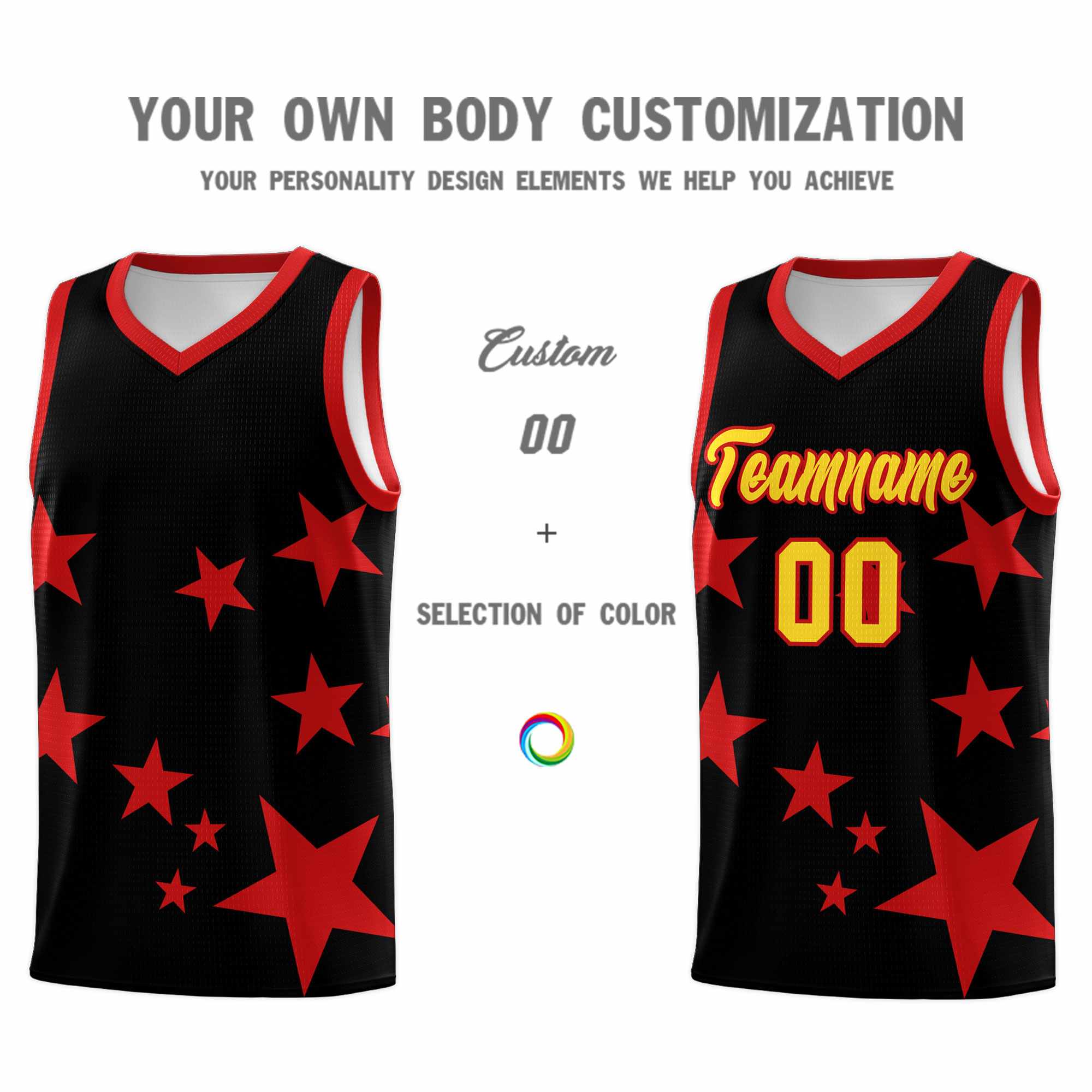 Custom Black Red Graffiti Pattern Star Print Basketball Kits Sets