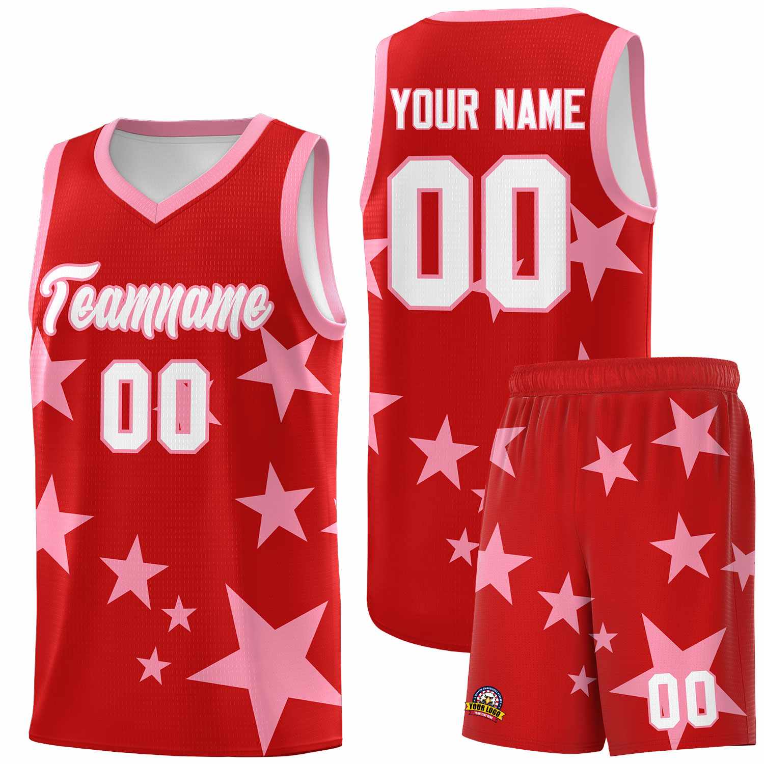 Custom Red Light Pink Graffiti Pattern Star Print Basketball Kits Sets