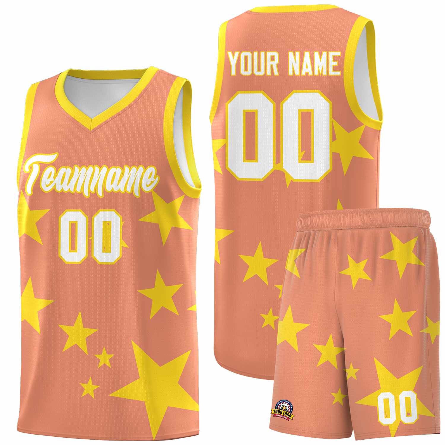 Custom Light Orange Gold Graffiti Pattern Star Print Basketball Kits Sets