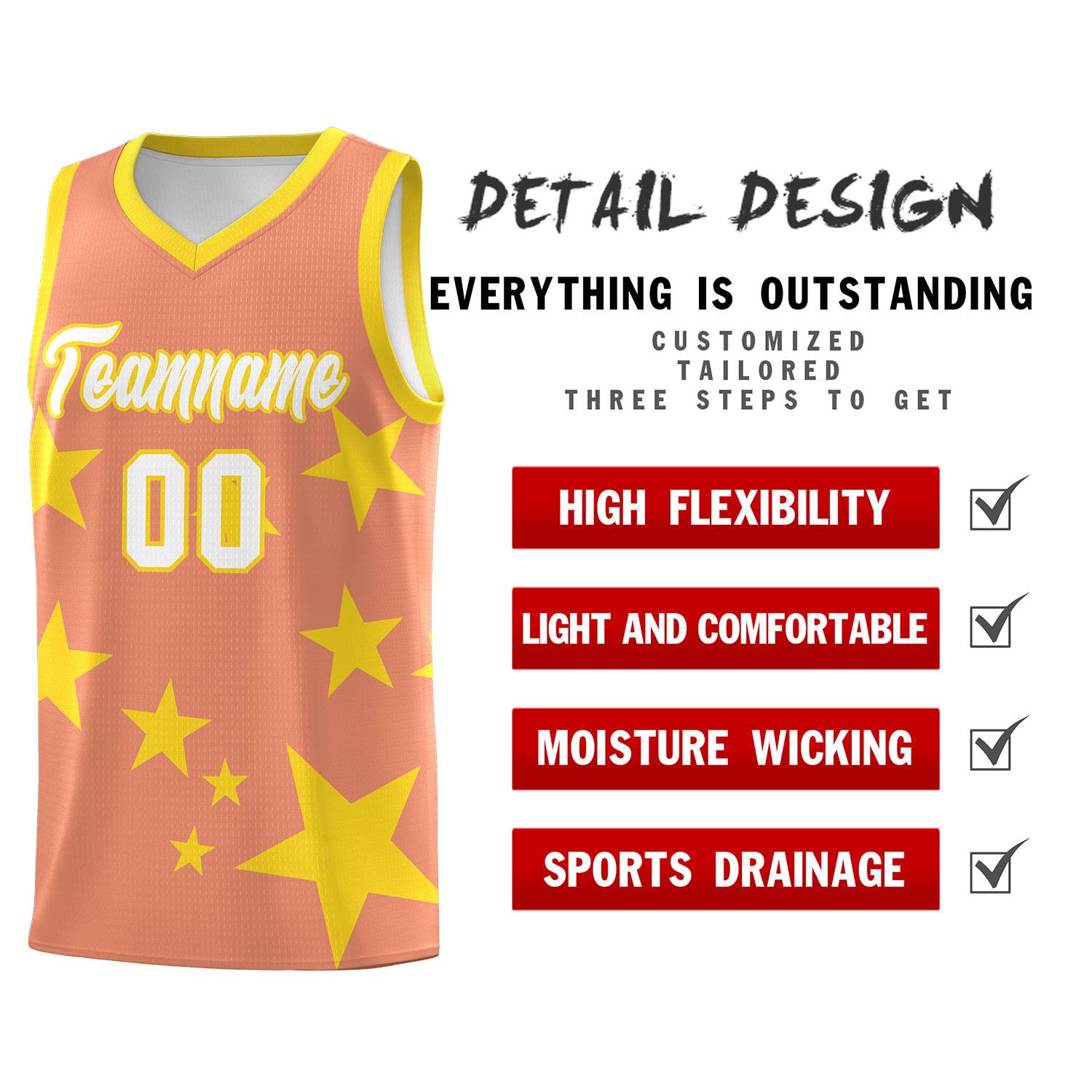 Custom Light Orange Gold Graffiti Pattern Star Print Basketball Kits Sets