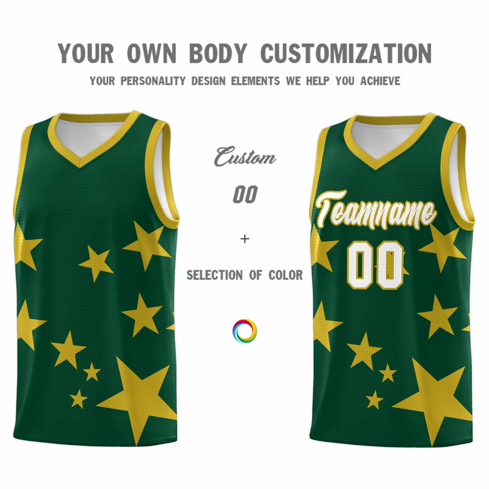 Custom Green Old Gold Graffiti Pattern Star Print Basketball Kits Sets