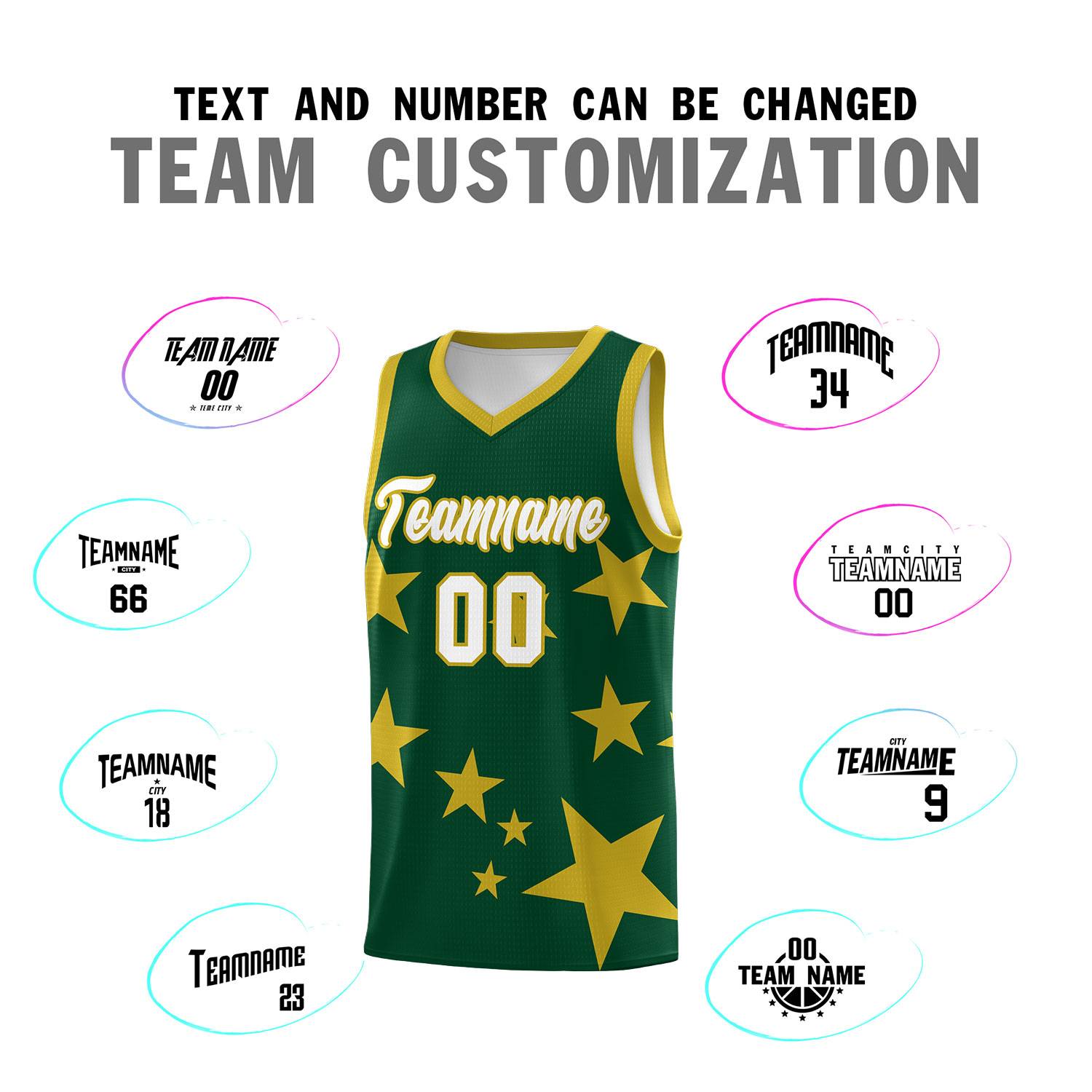 Custom Green Old Gold Graffiti Pattern Star Print Basketball Kits Sets