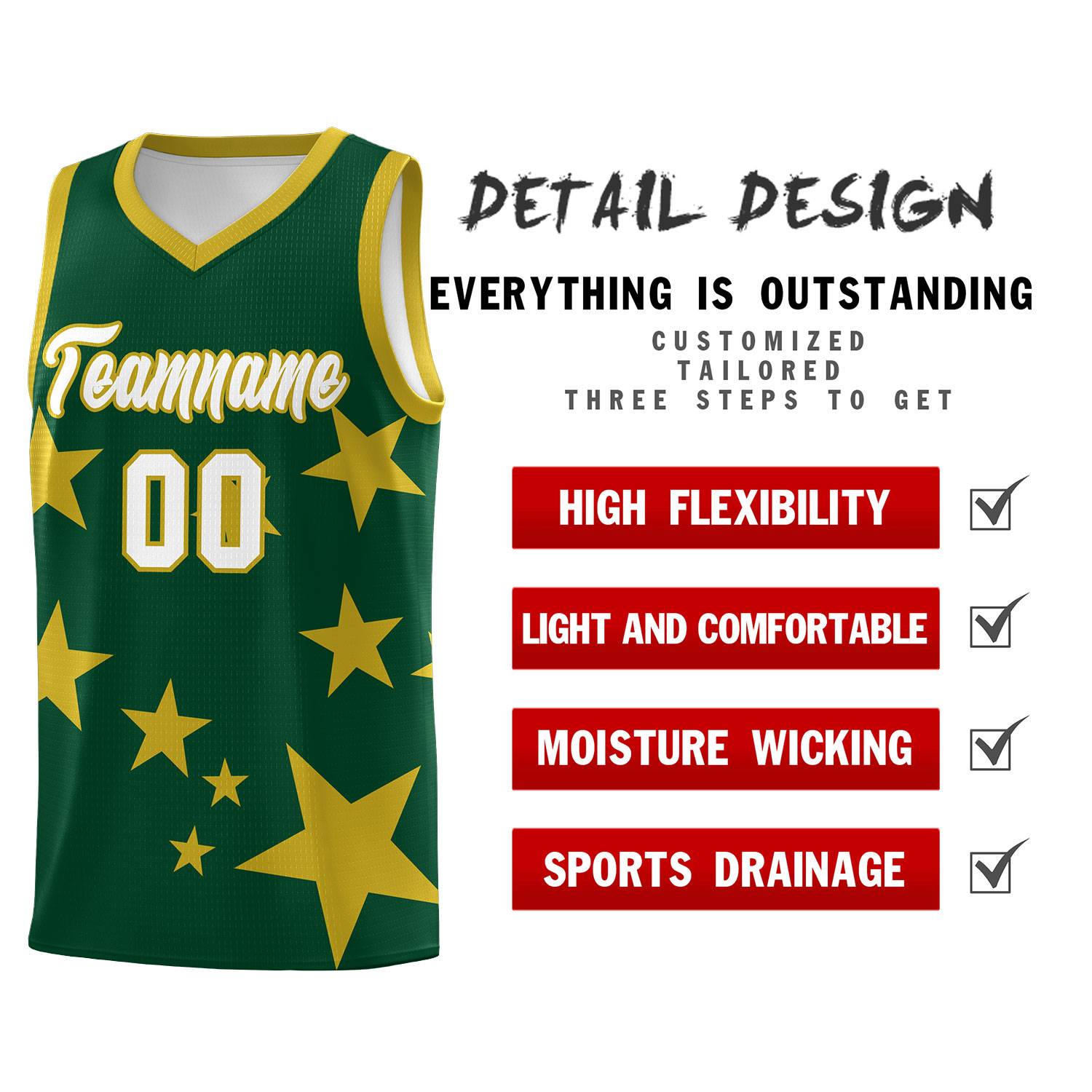 Custom Green Old Gold Graffiti Pattern Star Print Basketball Kits Sets
