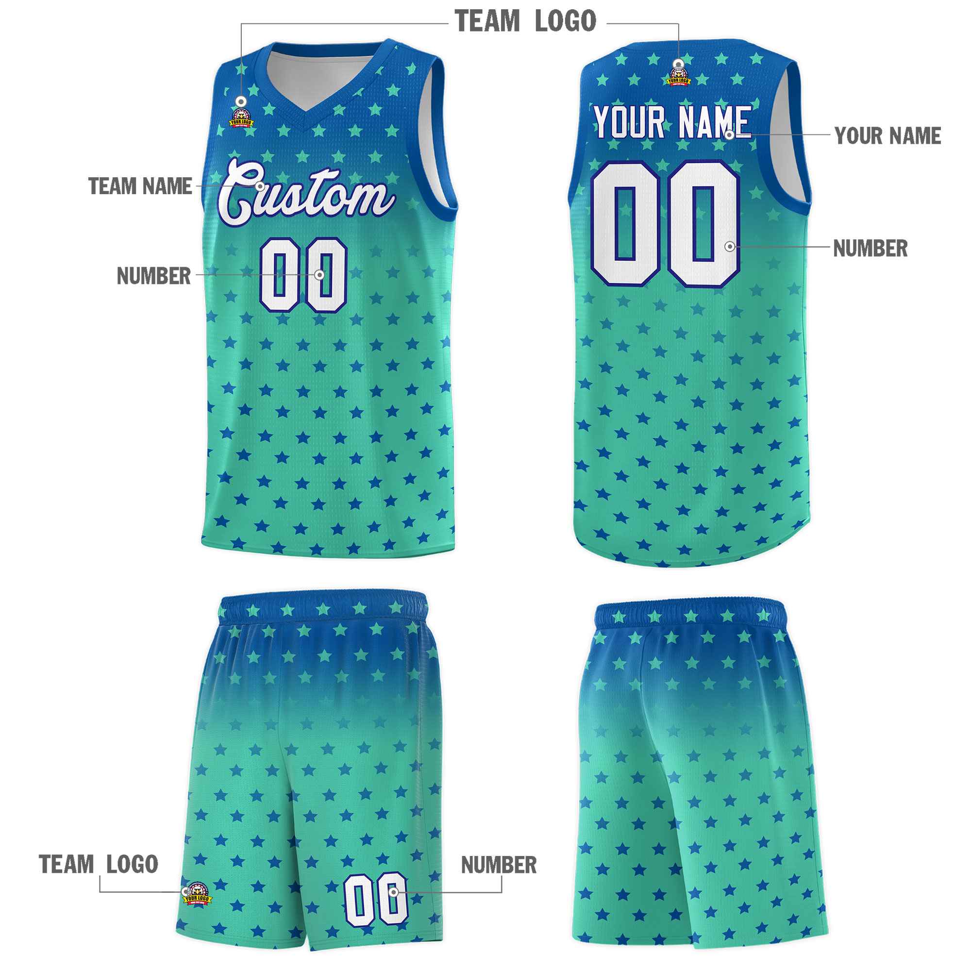 Custom Royal Bright Green Gradient Start Pattern Basketball Jersey Sets