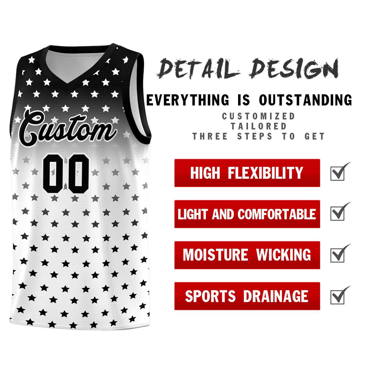 Custom Black White Gradient Start Pattern Basketball Jersey Sets