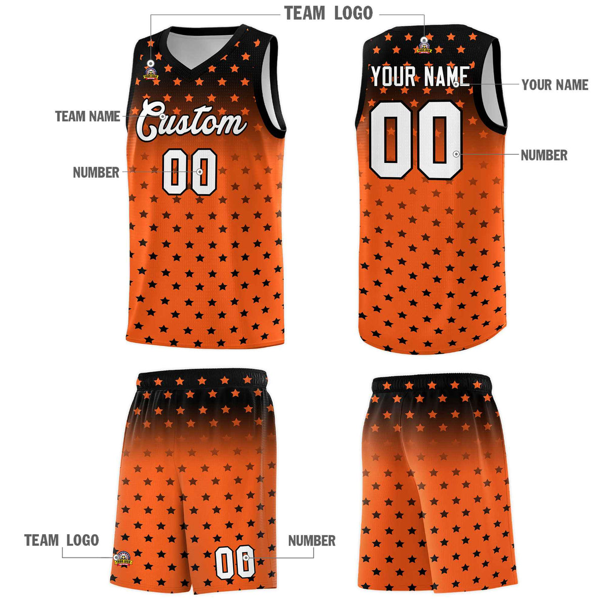 Custom Black Orange Gradient Start Pattern Basketball Jersey Sets