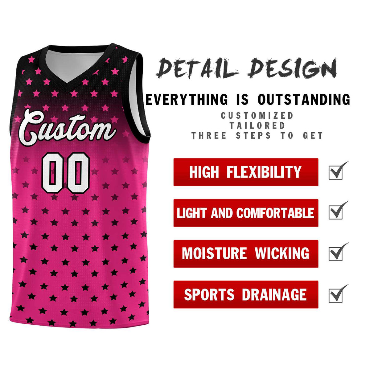 Custom Black Pink Gradient Start Pattern Basketball Jersey Sets
