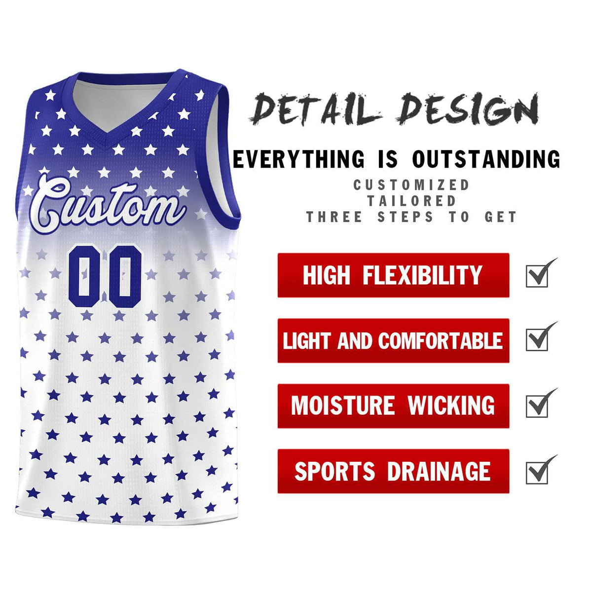 Custom Royal White Gradient Start Pattern Basketball Jersey Sets