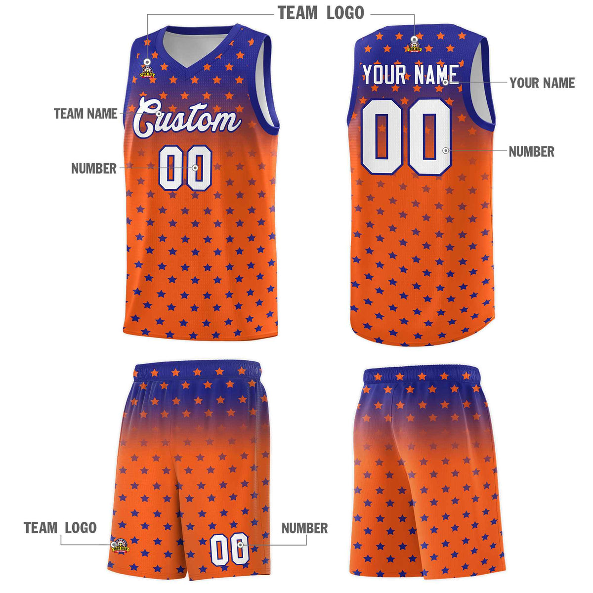 Custom Royal Orange Gradient Start Pattern Basketball Jersey Sets