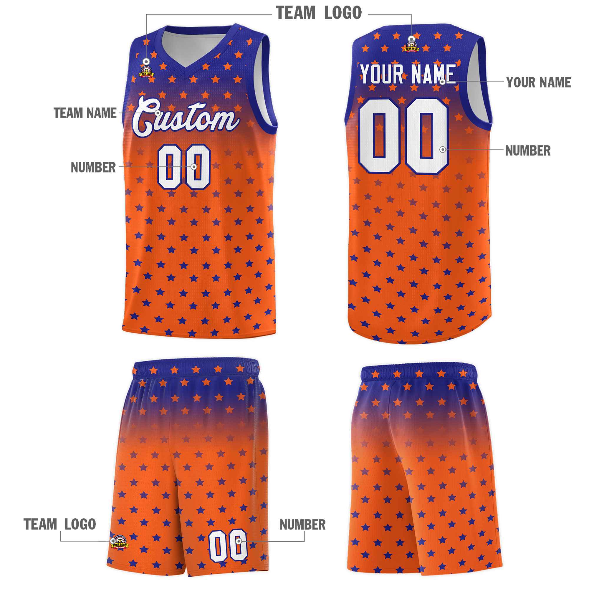 Custom Royal Orange Gradient Start Pattern Basketball Jersey Sets