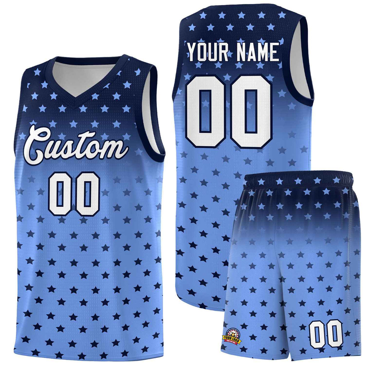 Custom Navy Light Blue Gradient Start Pattern Basketball Jersey Sets