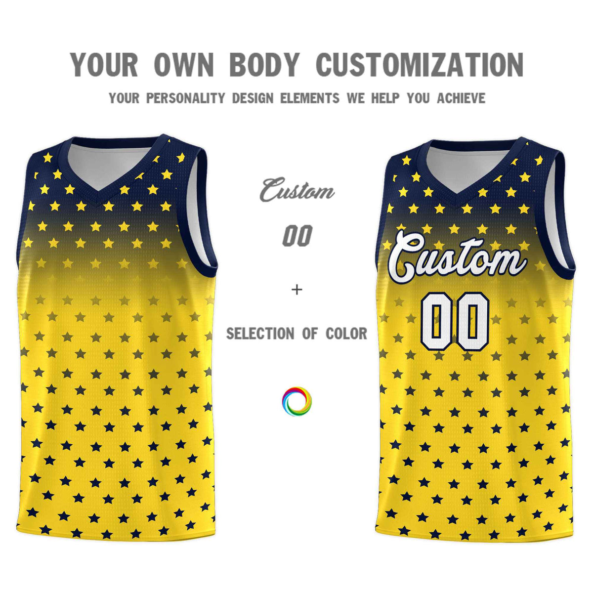Custom Navy Gold Gradient Start Pattern Basketball Jersey Sets