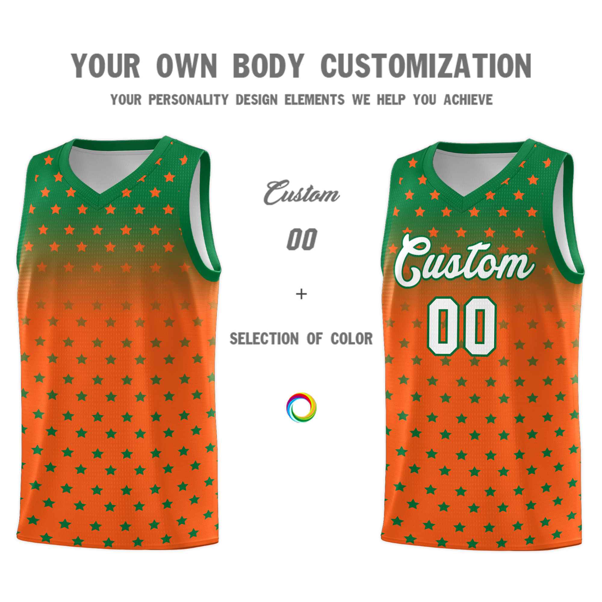 Custom Kelly Green Orange Gradient Start Pattern Basketball Jersey Sets