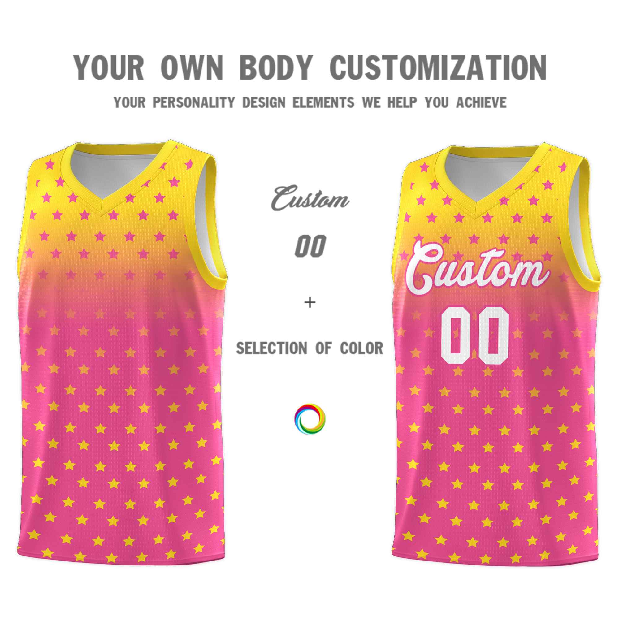 Custom Gold Pink Gradient Start Pattern Basketball Jersey Sets
