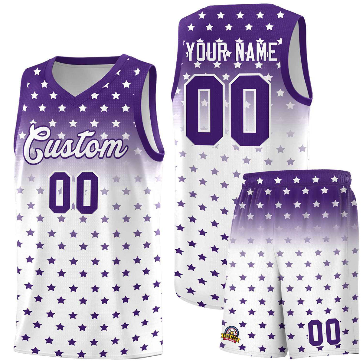 Custom Purple White Gradient Start Pattern Basketball Jersey Sets