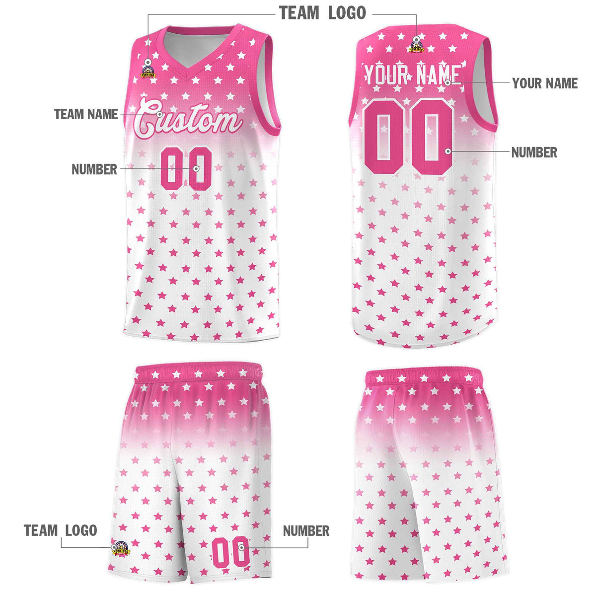 Custom Pink White Gradient Start Pattern Basketball Jersey Sets