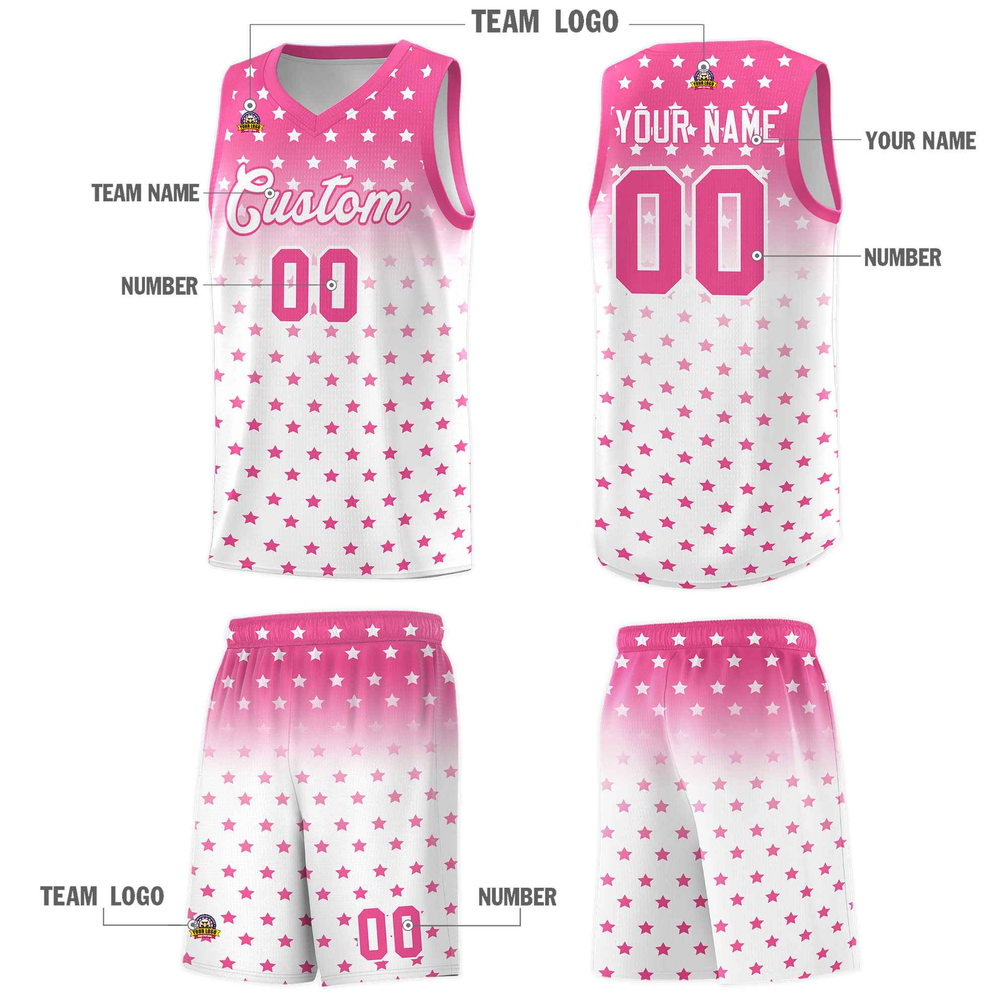 Custom Pink White Gradient Start Pattern Basketball Jersey Sets