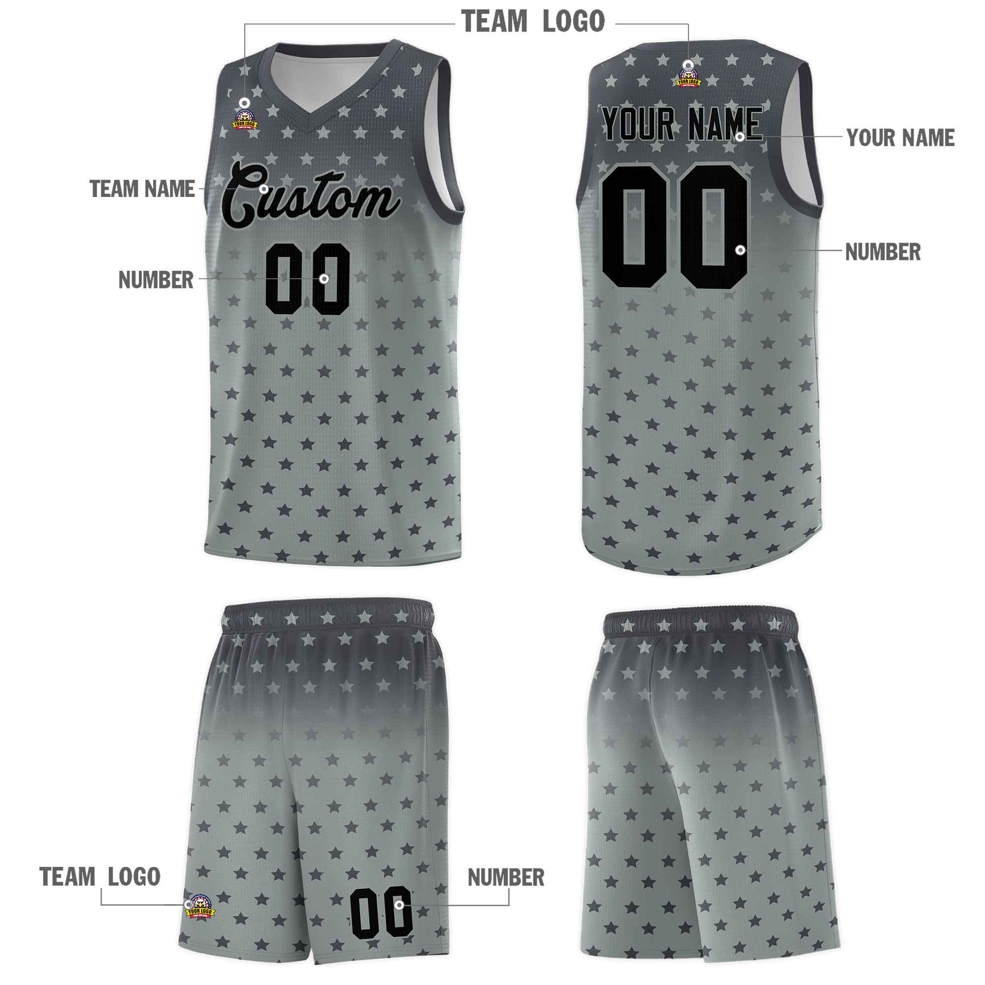 Custom Dark Gray Silver Gradient Start Pattern Basketball Jersey Sets