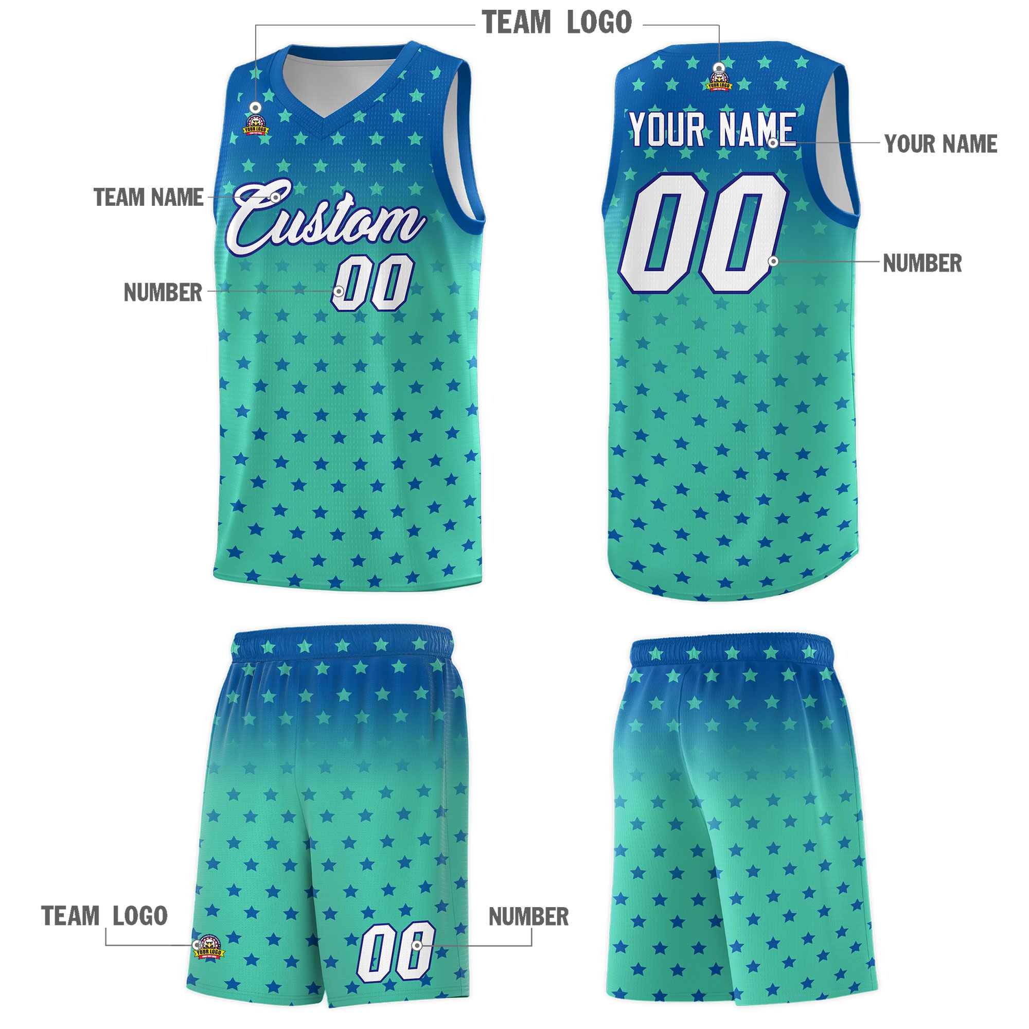 Custom Royal Bright Green Gradient Start Pattern Basketball Jersey Sets