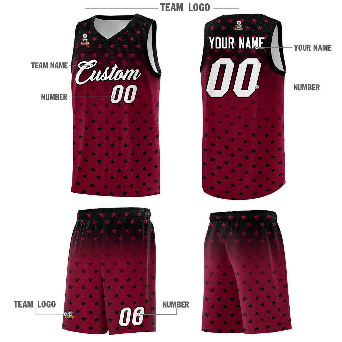 Custom Black Crimson Gradient Start Pattern Basketball Jersey Sets