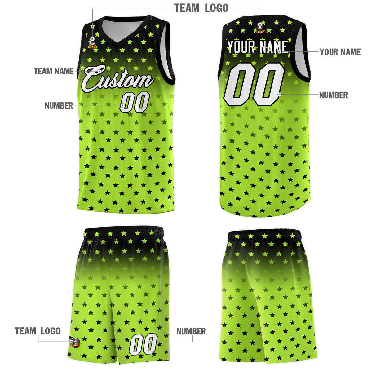 Custom Black Light Green Gradient Start Pattern Basketball Jersey Sets